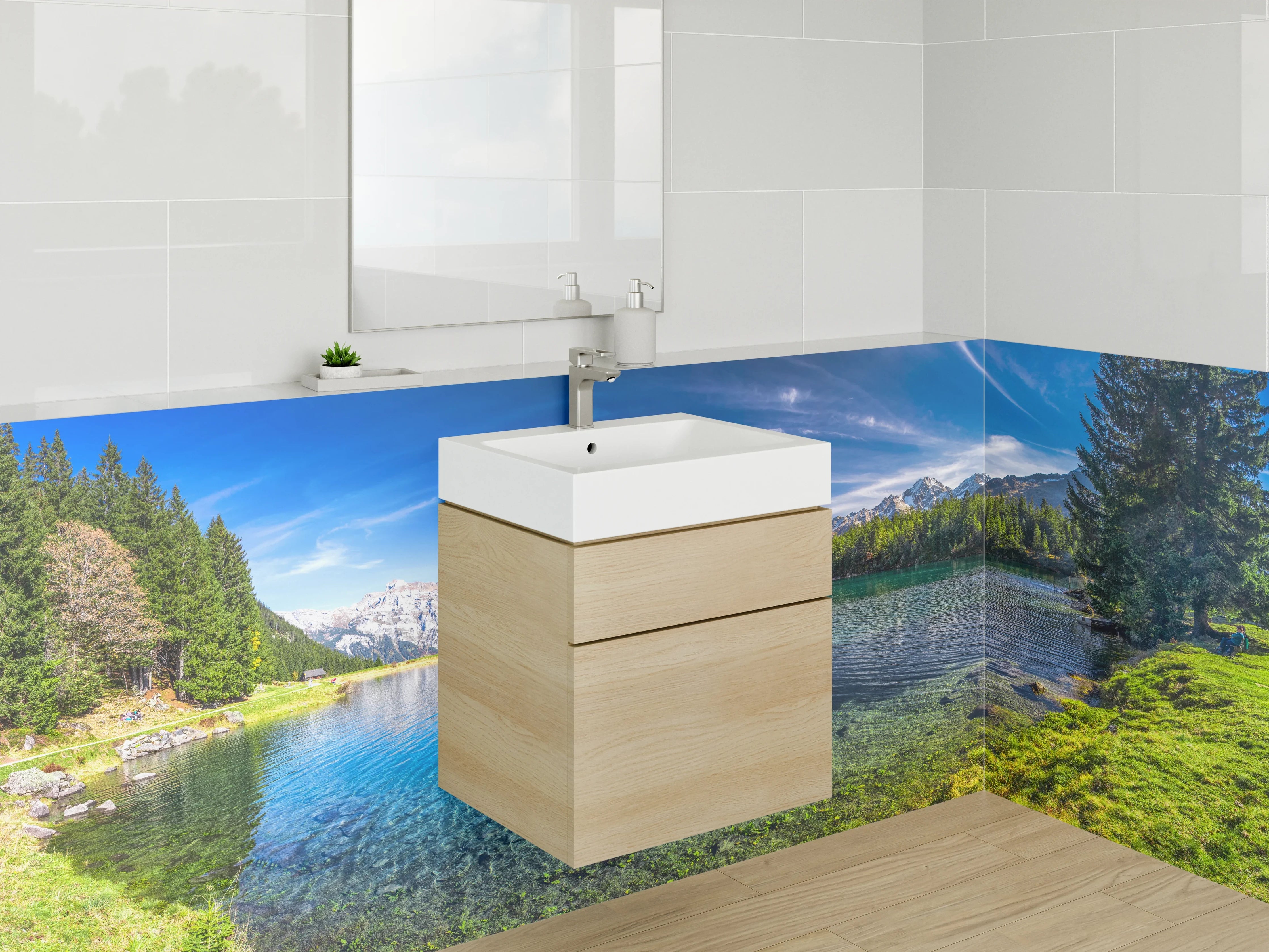 Waschbecken-Rückwand - Entspannende Bergkulisse Badgestaltung