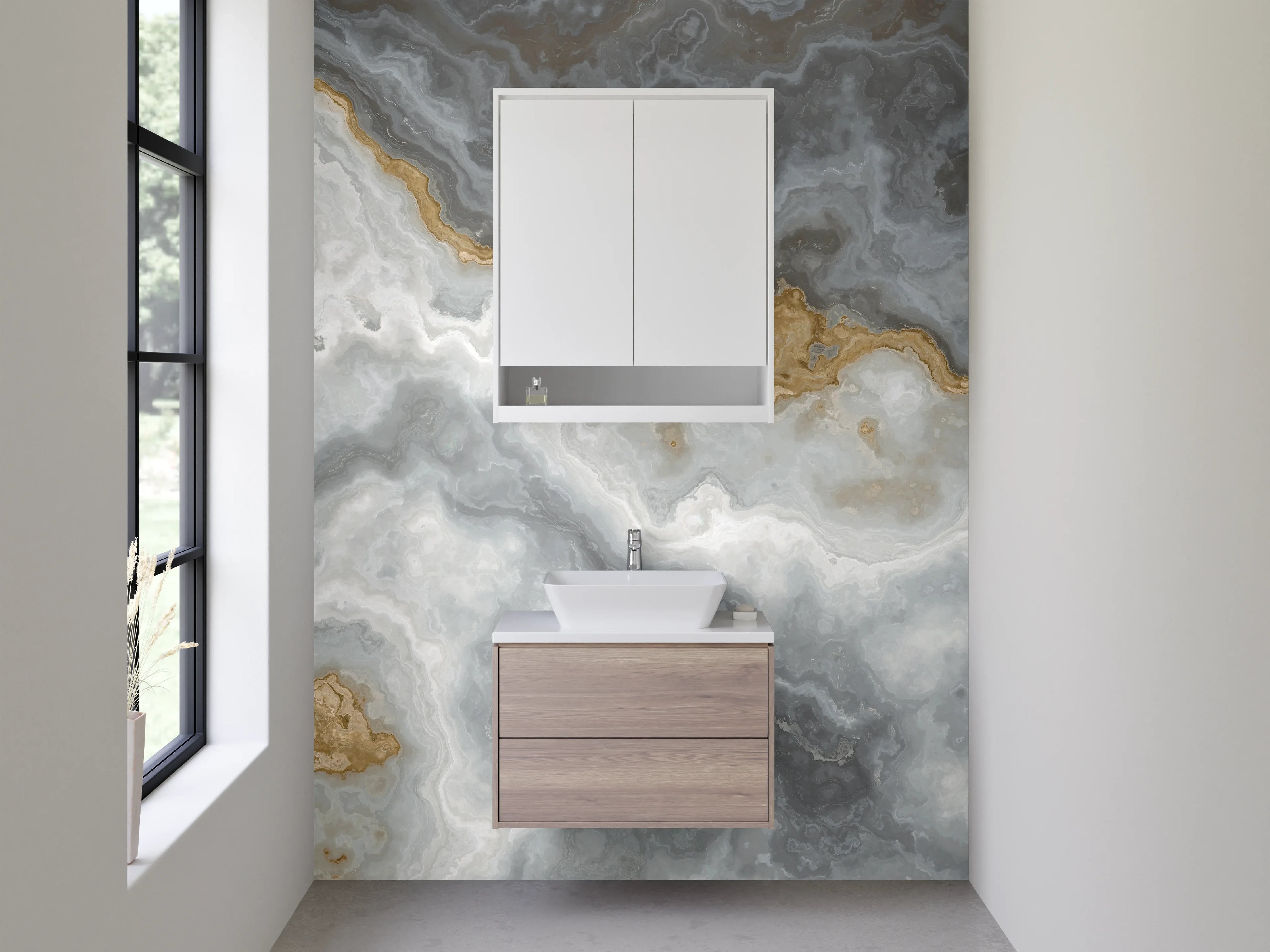 Waschbecken-Rückwand - Exklusive Marmoroptik in Weiß-Grau-Gold