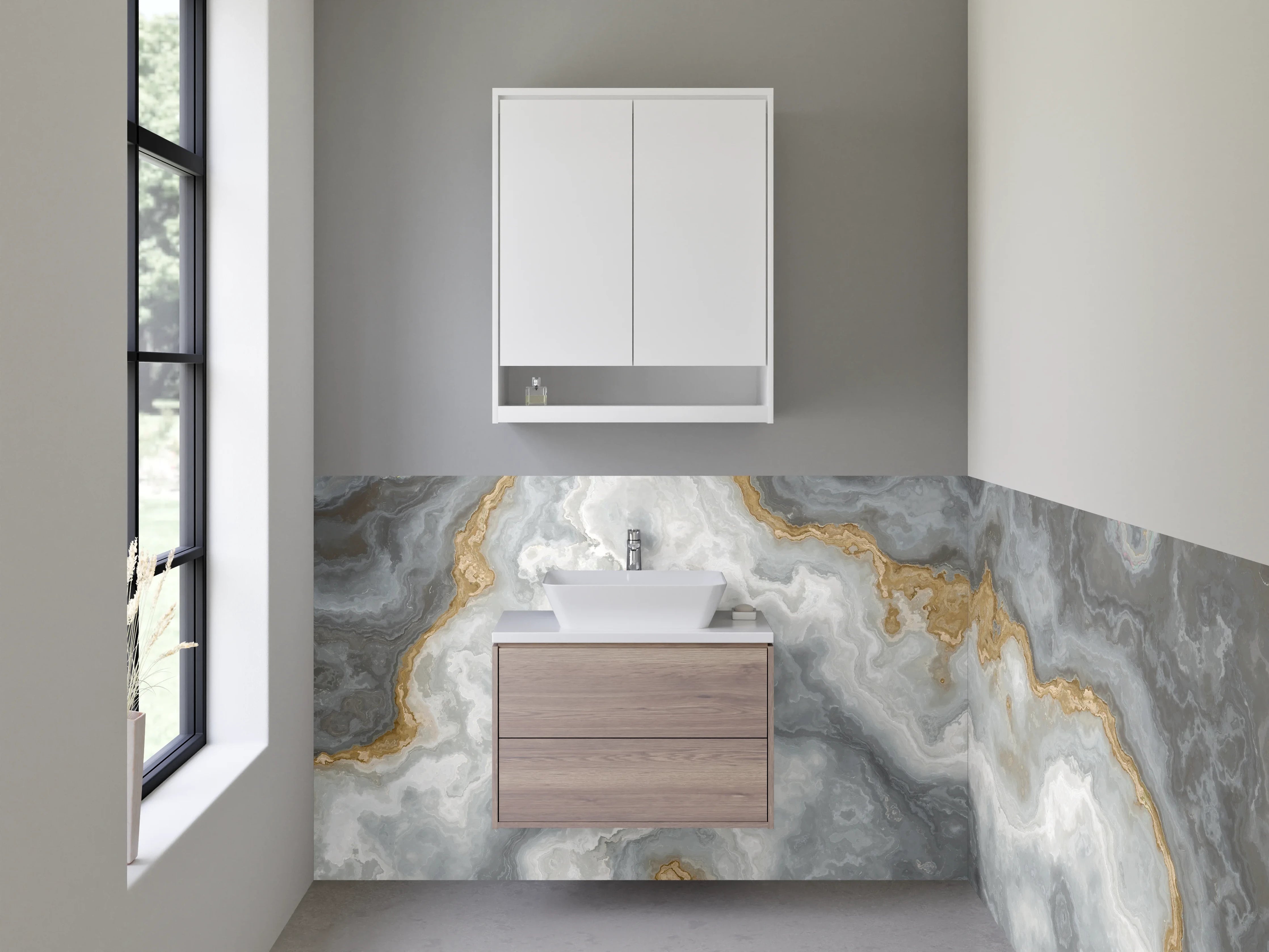 Waschbecken-Rückwand - Exklusive Marmoroptik in Weiß-Grau-Gold