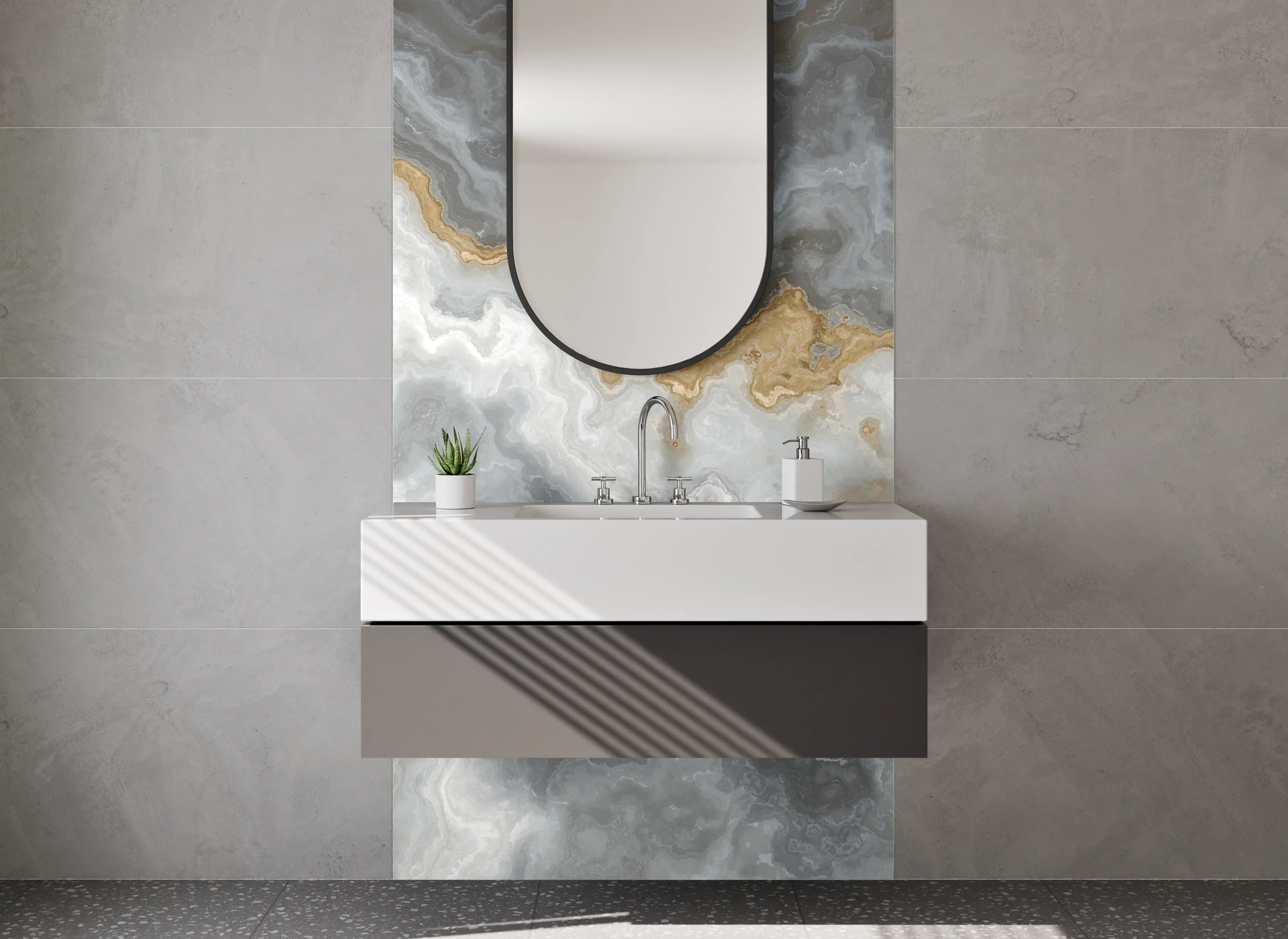 Waschbecken-Rückwand - Exklusive Marmoroptik in Weiß-Grau-Gold