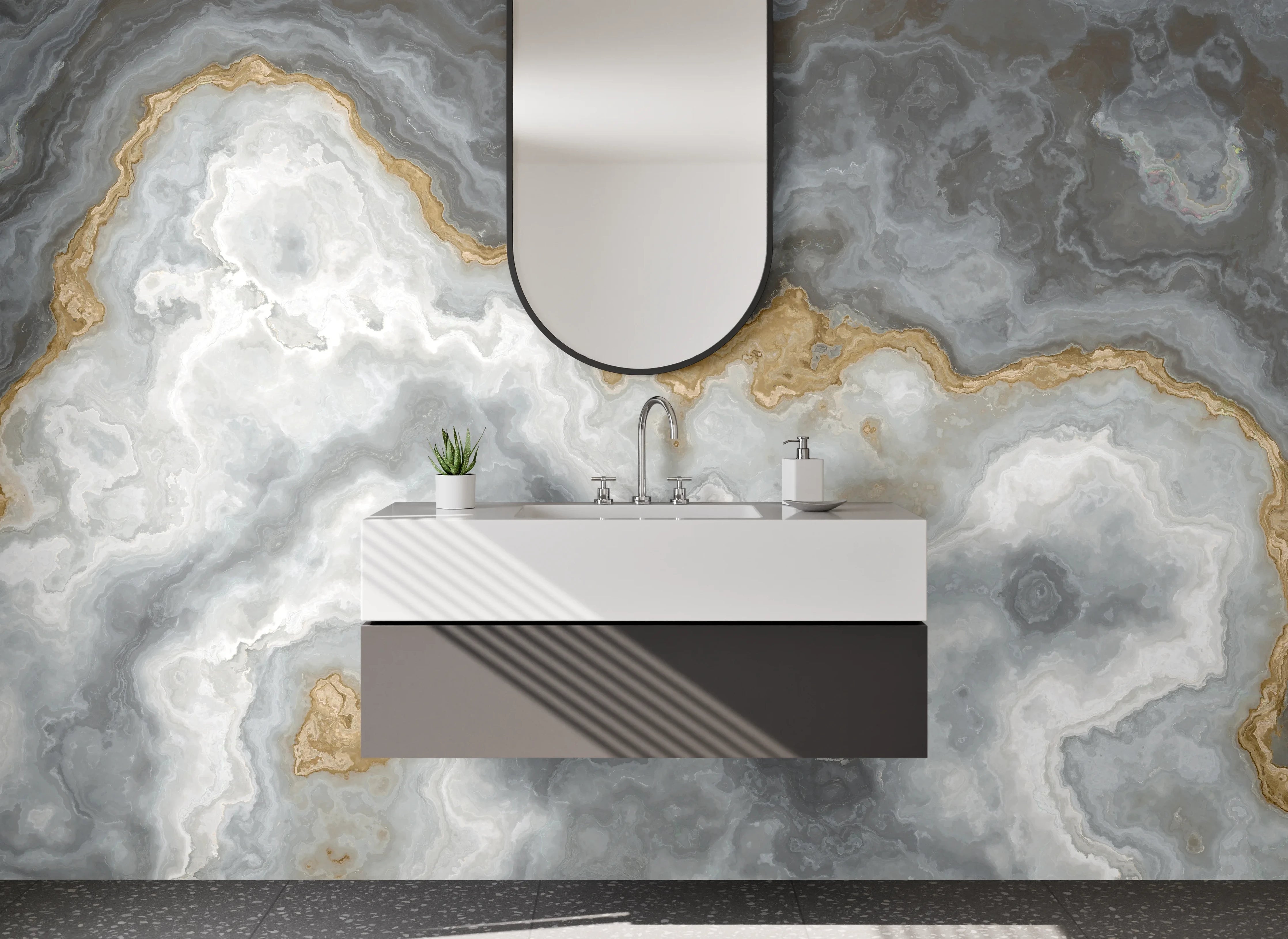 Waschbecken-Rückwand - Exklusive Marmoroptik in Weiß-Grau-Gold