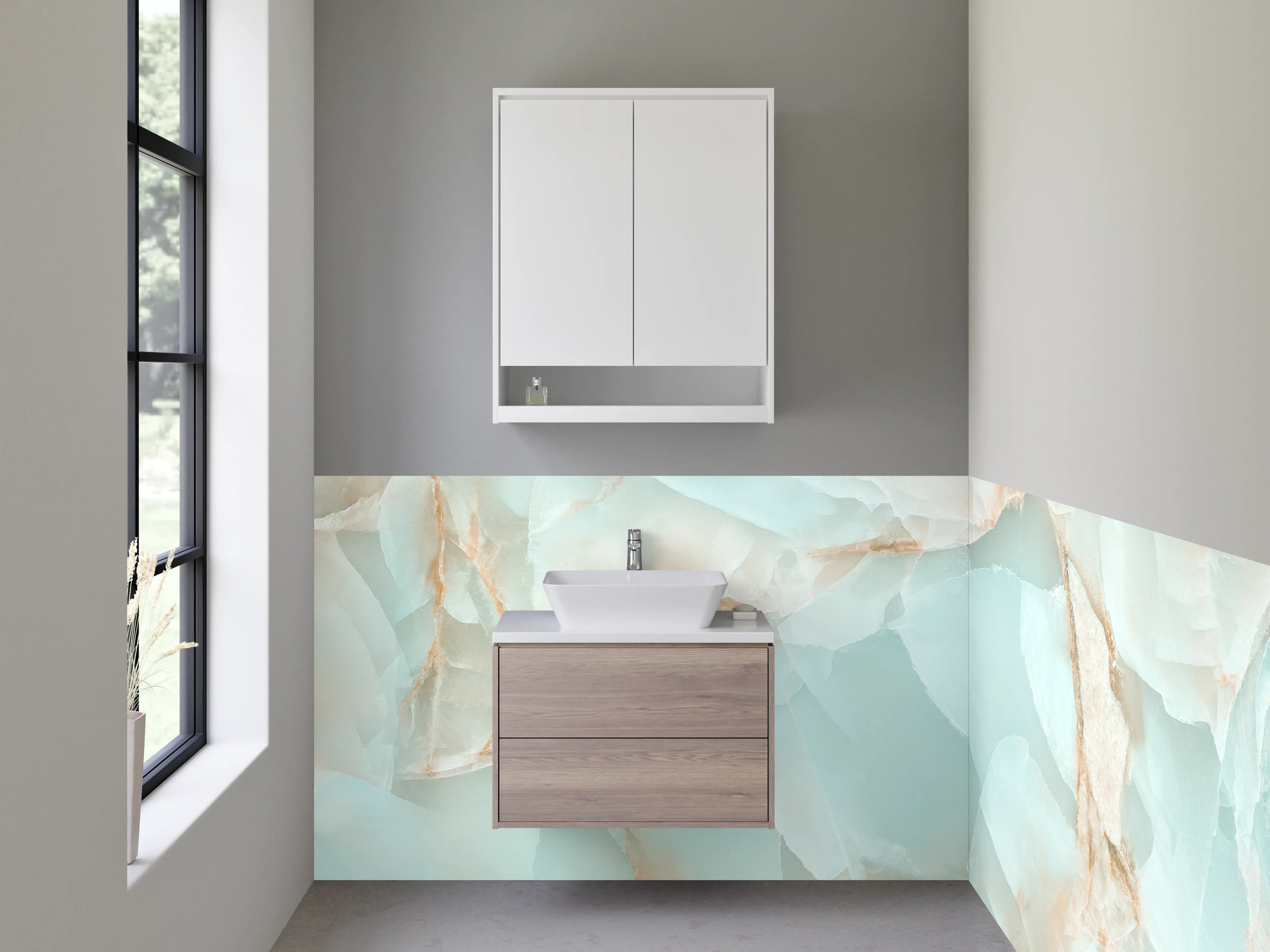 Waschbecken-Rückwand - Exklusives Marmor-Onyx Design hellblau