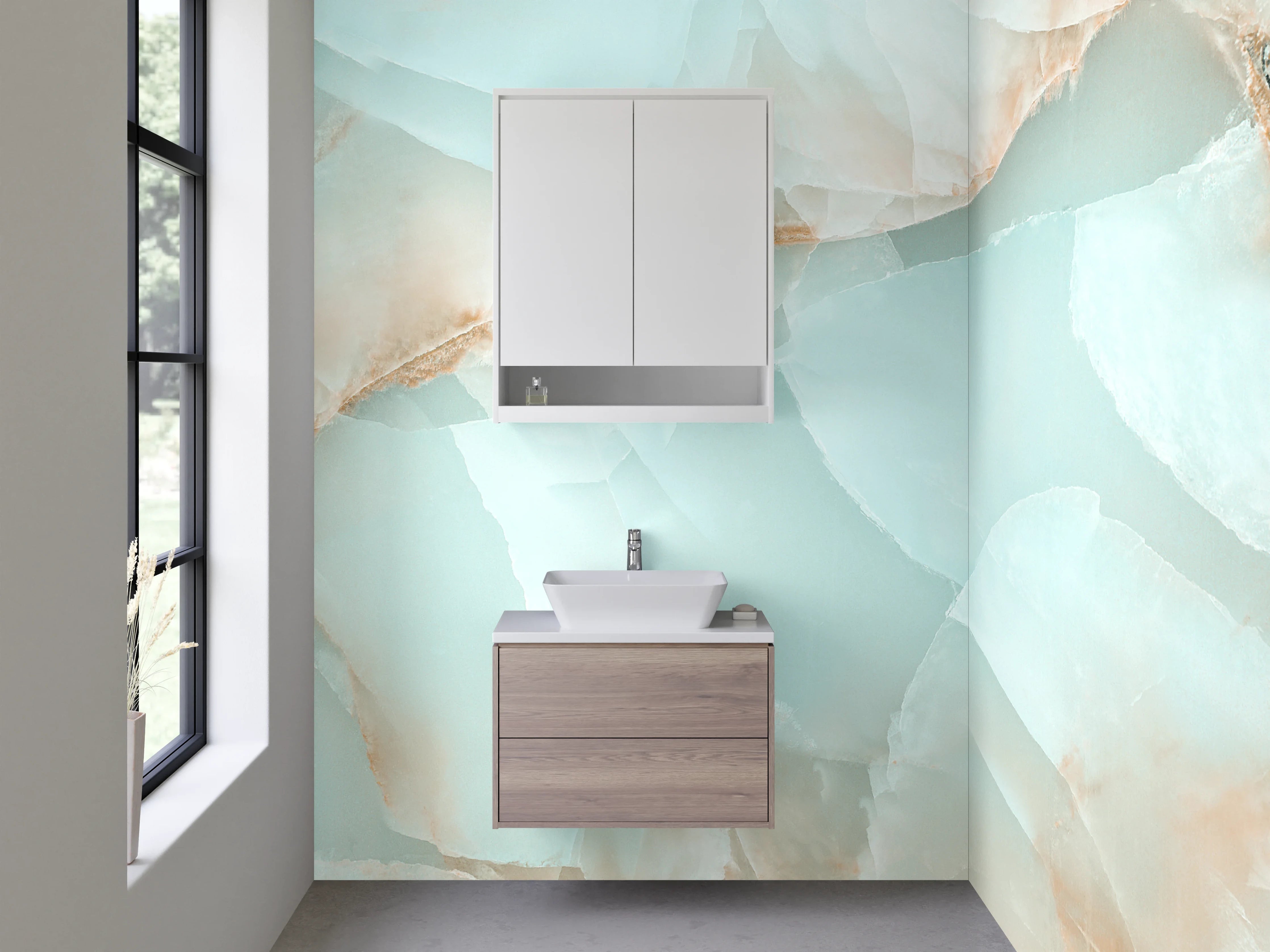 Waschbecken-Rückwand - Exklusives Marmor-Onyx Design hellblau