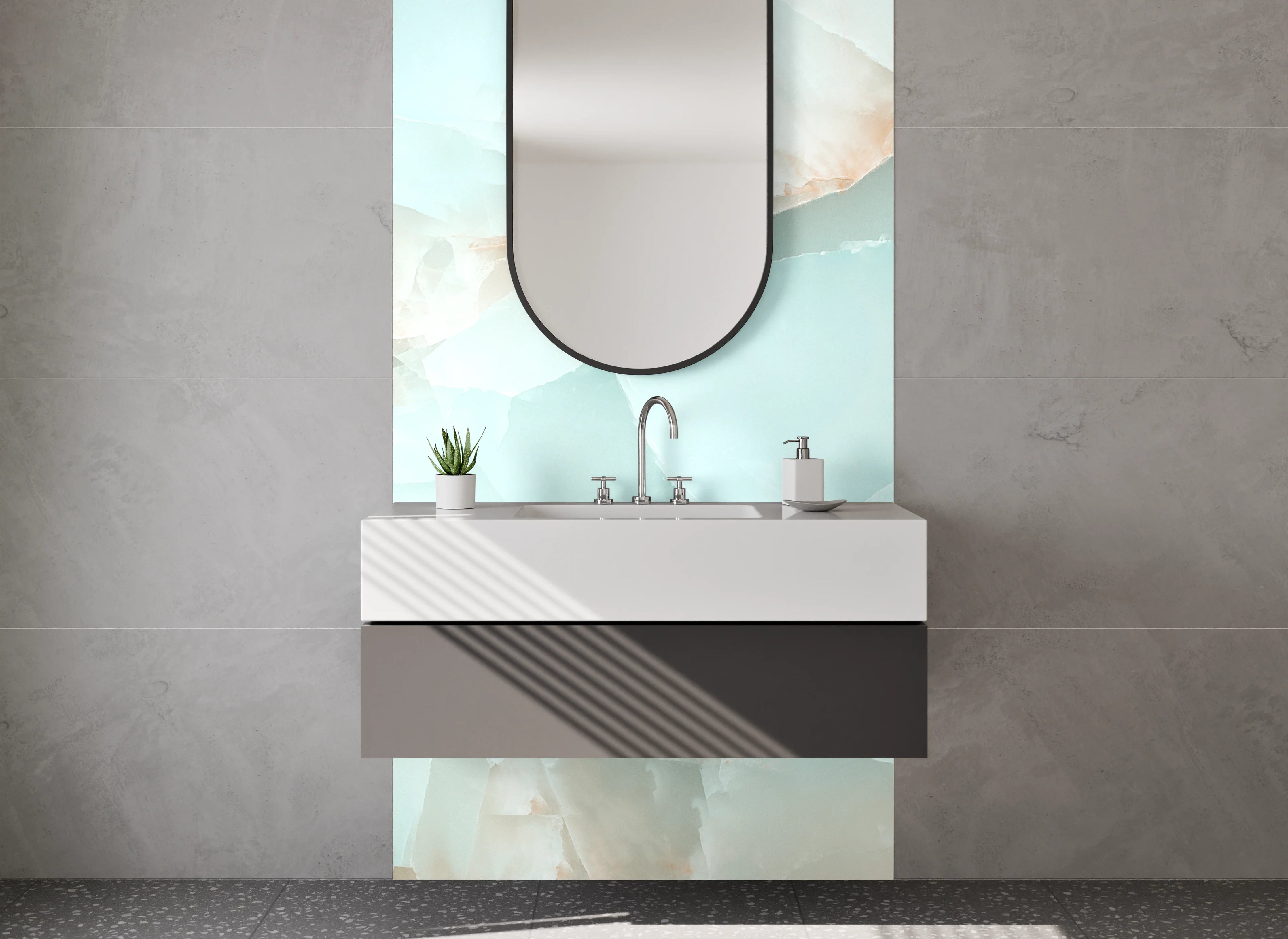 Waschbecken-Rückwand - Exklusives Marmor-Onyx Design hellblau