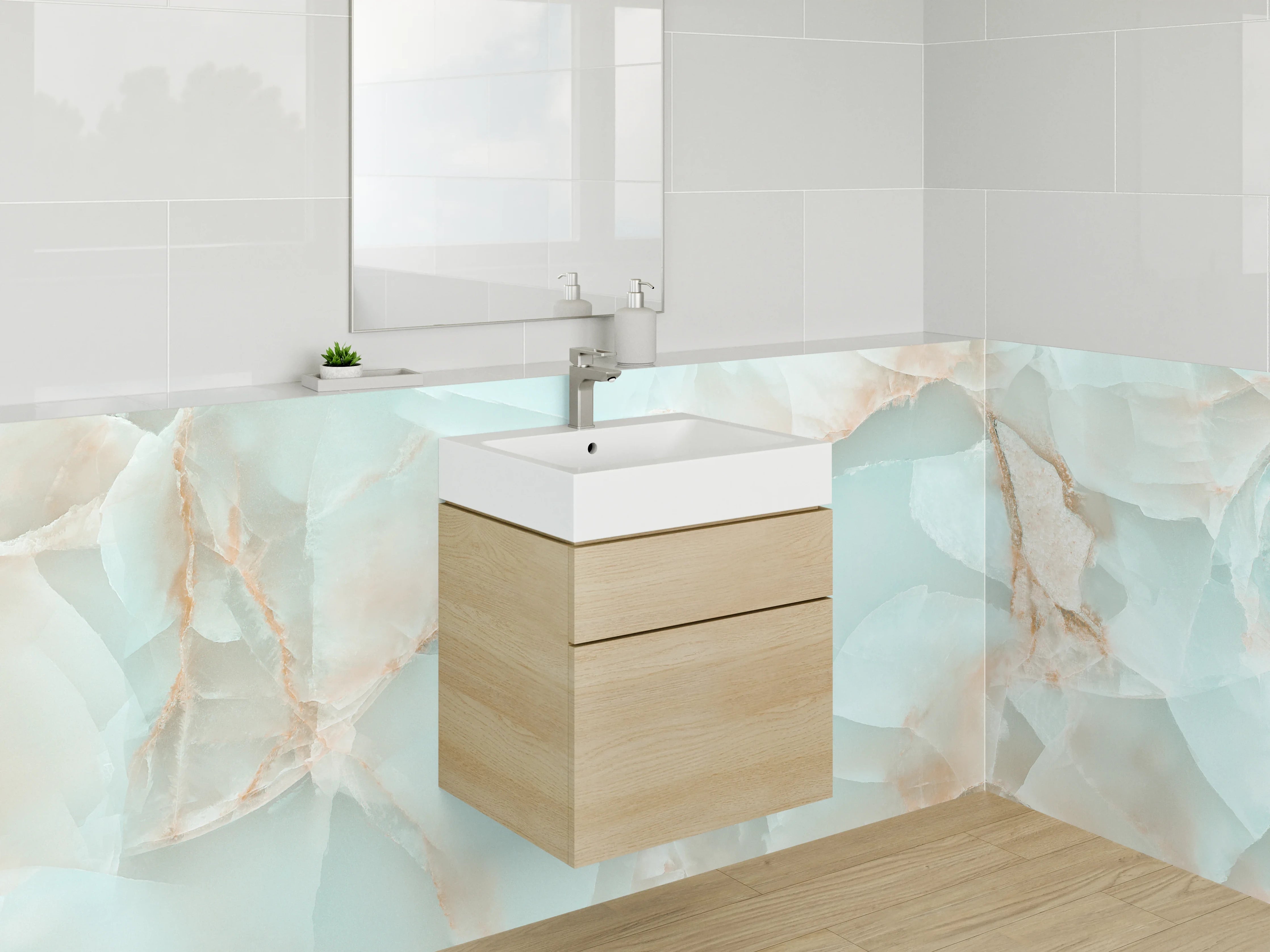 Waschbecken-Rückwand - Exklusives Marmor-Onyx Design hellblau