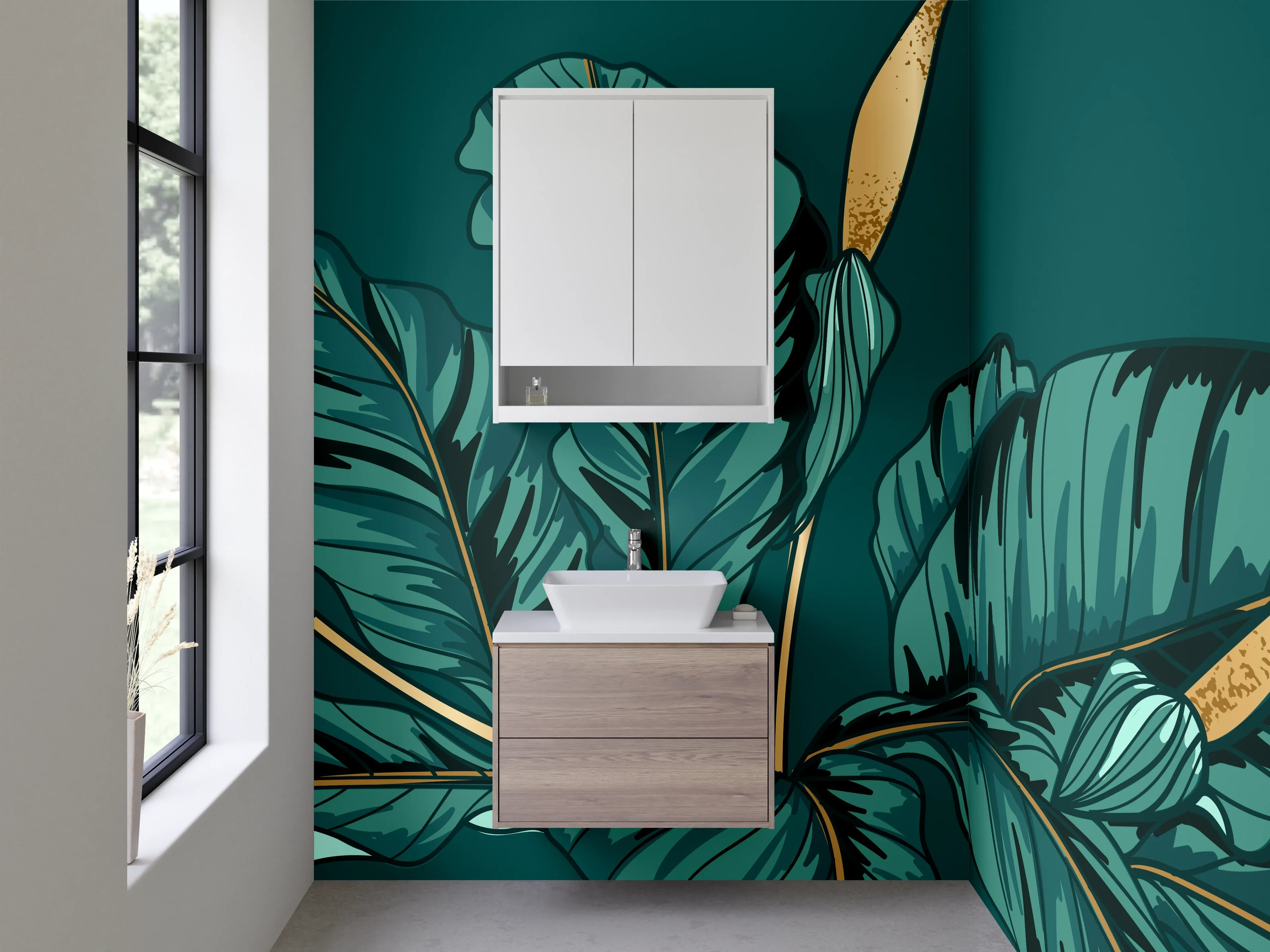 Waschbecken-Rückwand - Exotische Blätter Illustration auf Dunkelgrün