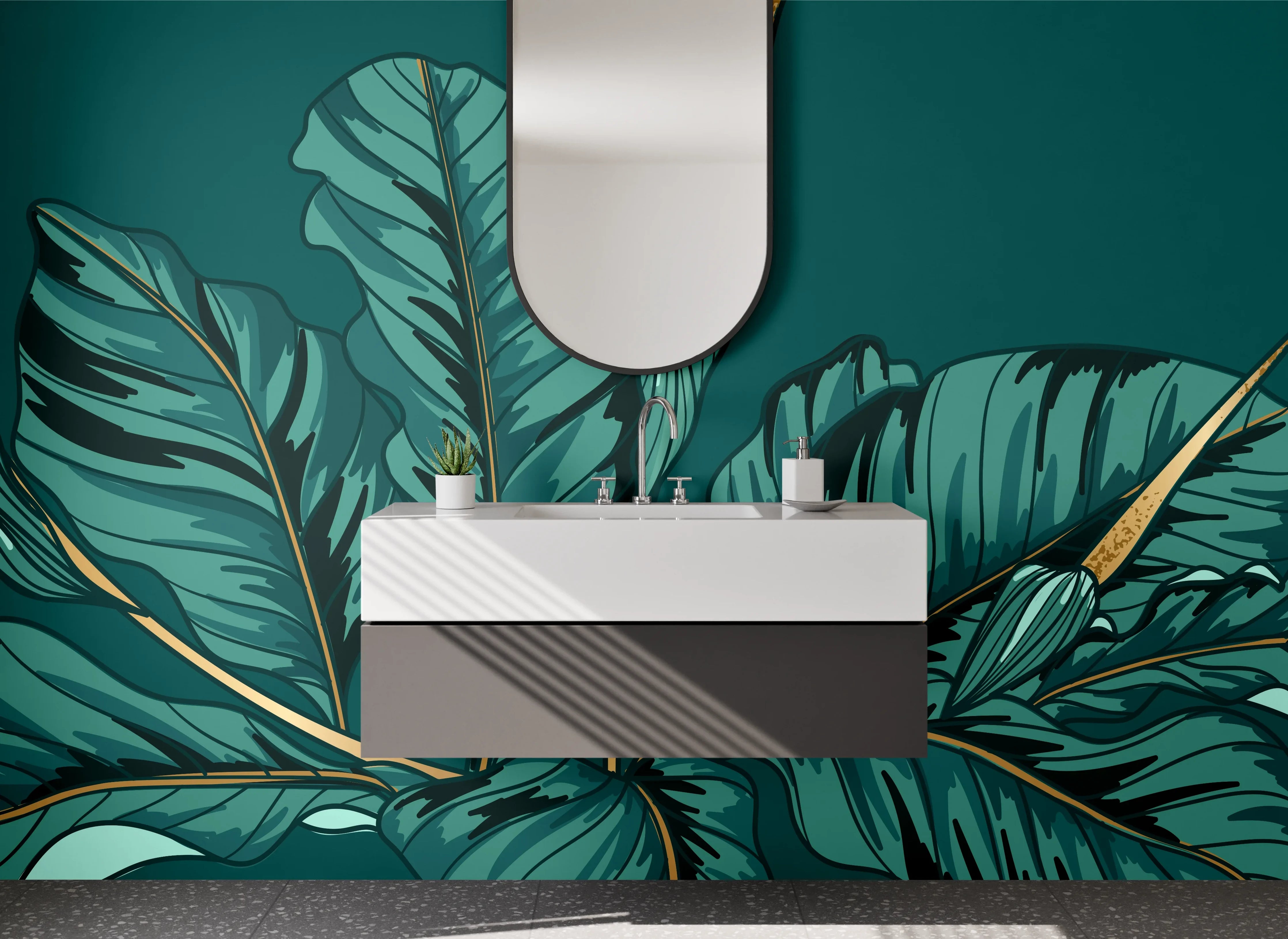 Waschbecken-Rückwand - Exotische Blätter Illustration auf Dunkelgrün