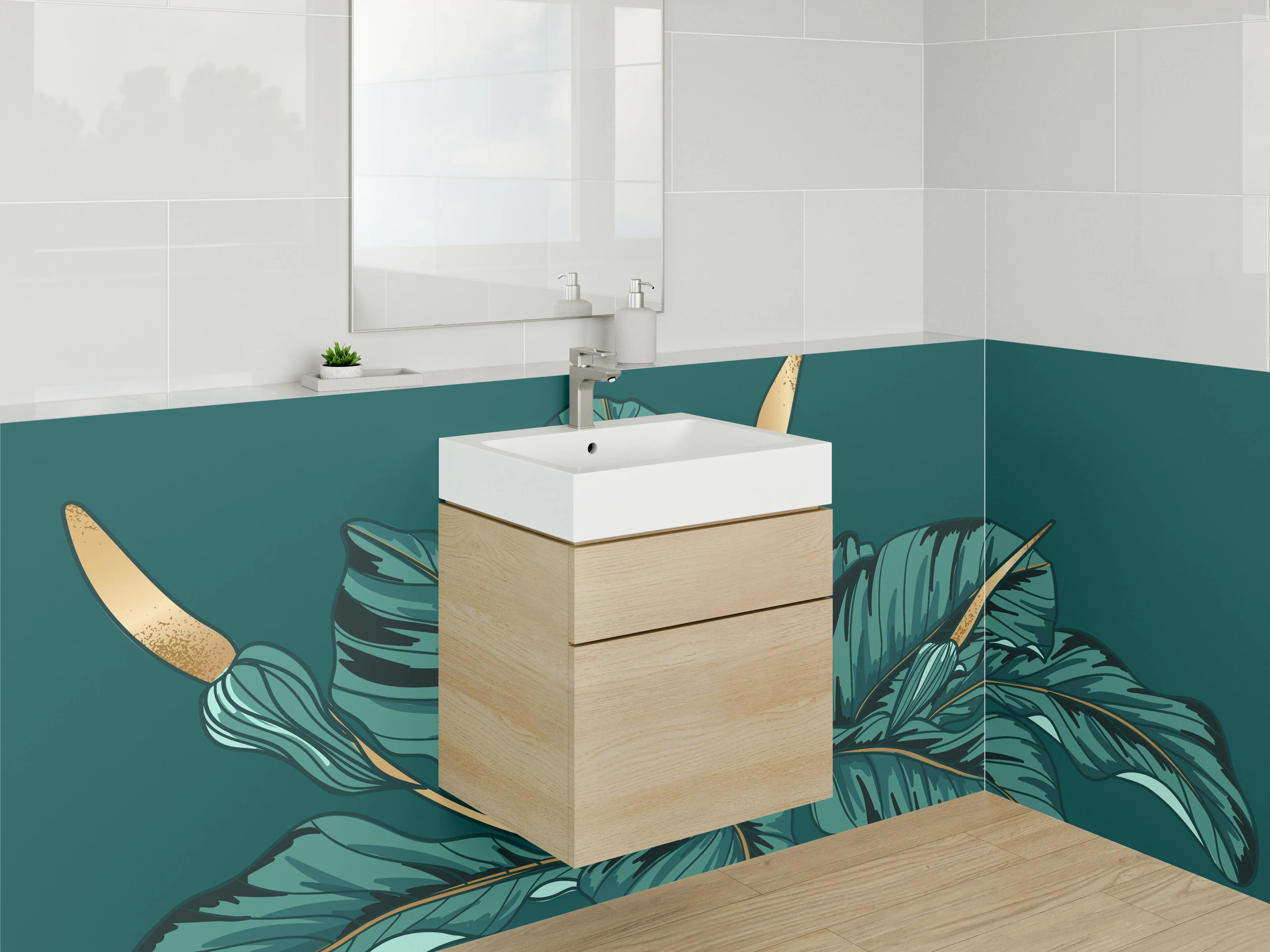 Waschbecken-Rückwand - Exotische Blätter Illustration auf Dunkelgrün