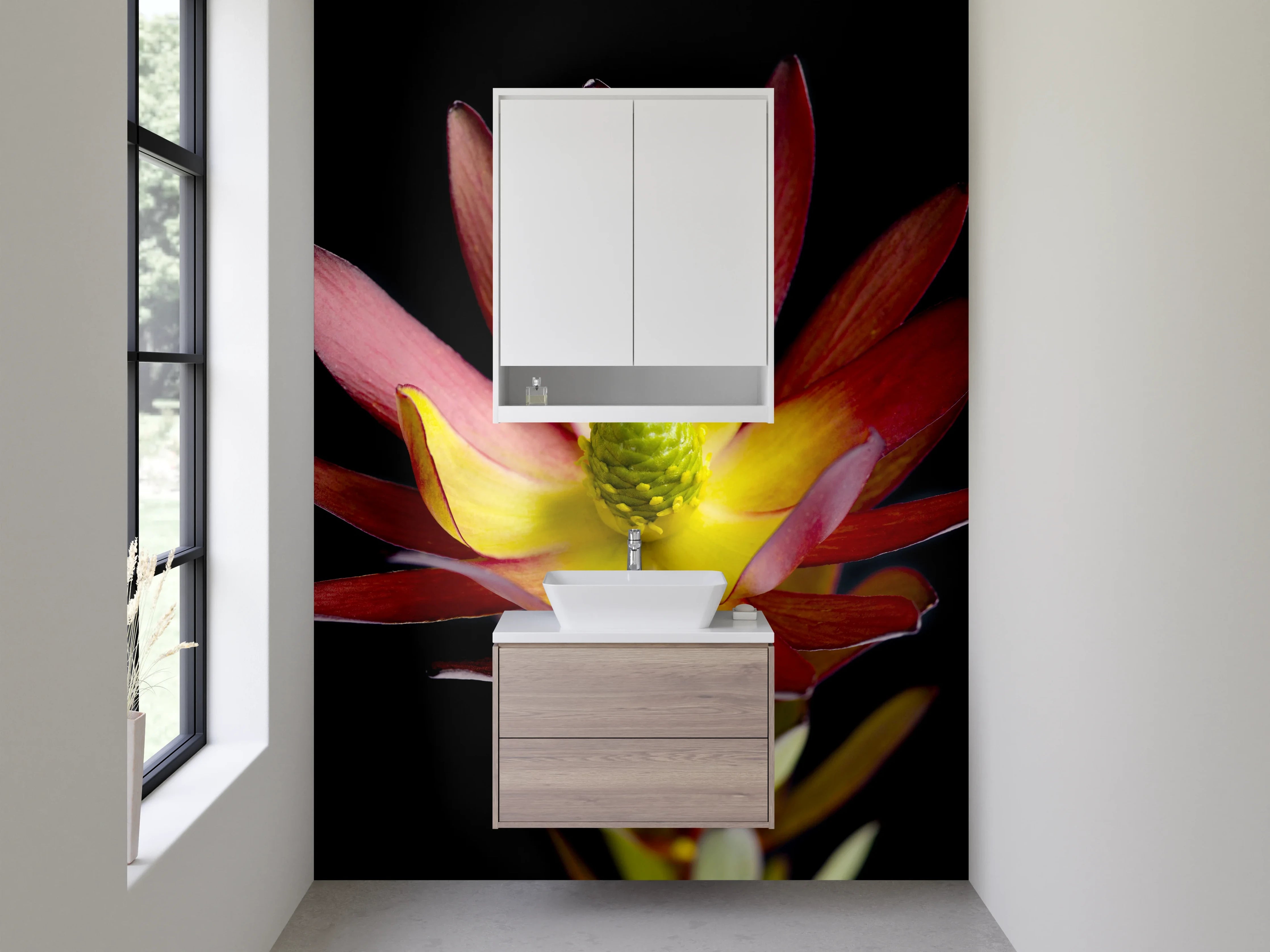Waschbecken-Rückwand - Exotische Blüte in Rot und Gelb