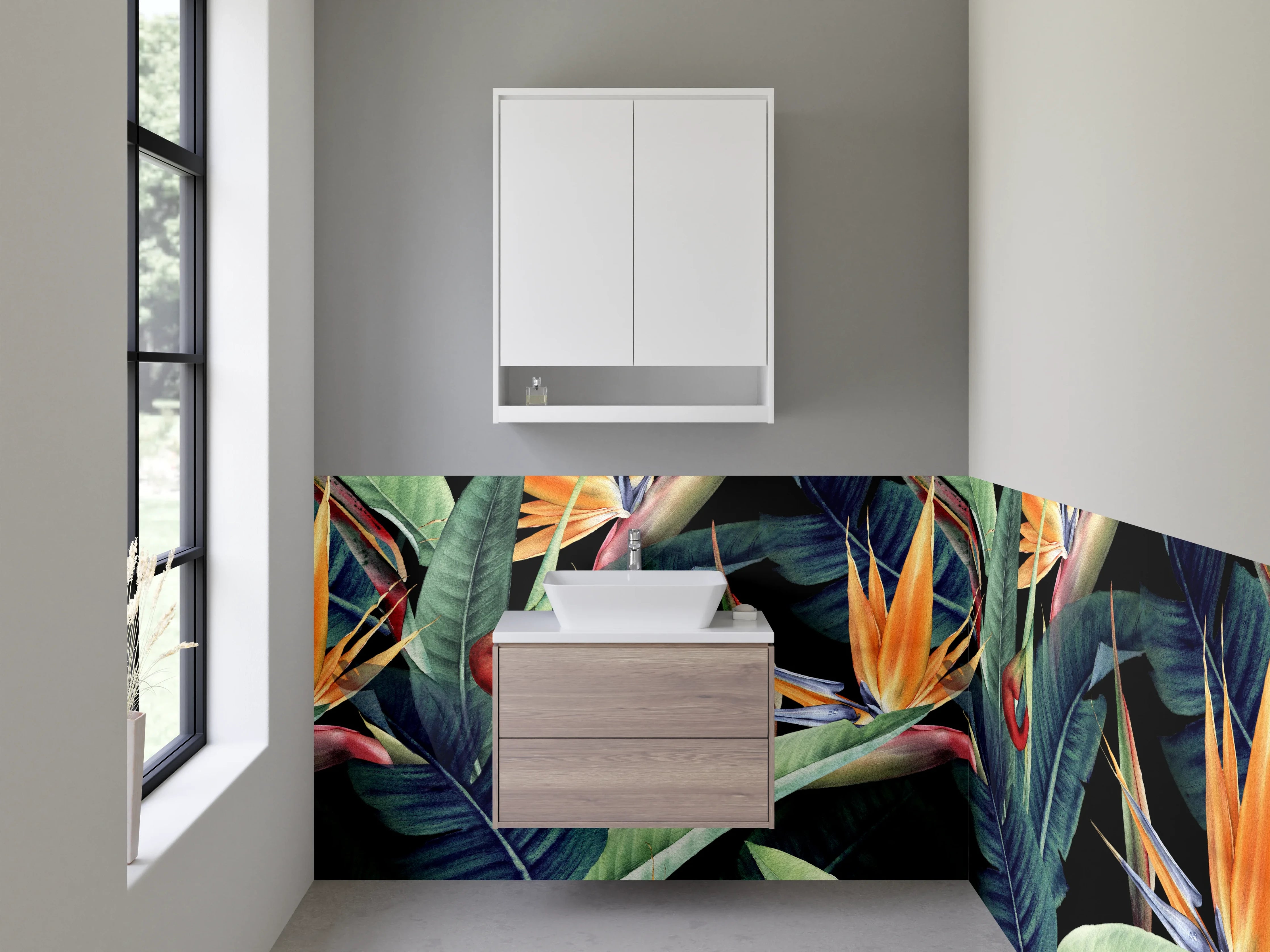 Waschbecken-Rückwand - Exotische Dschungelblätter und Paradiesvögel