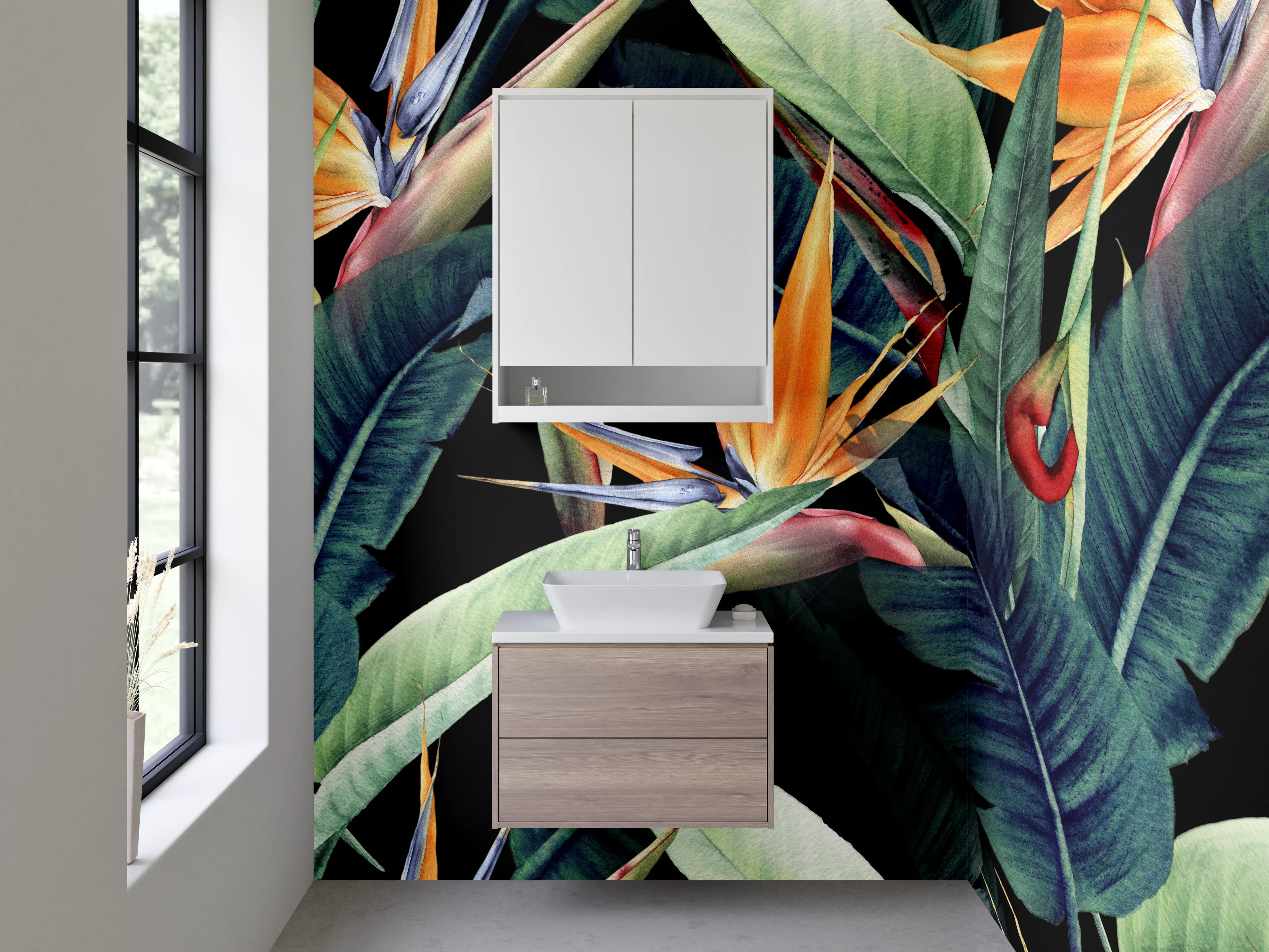 Waschbecken-Rückwand - Exotische Dschungelblätter und Paradiesvögel
