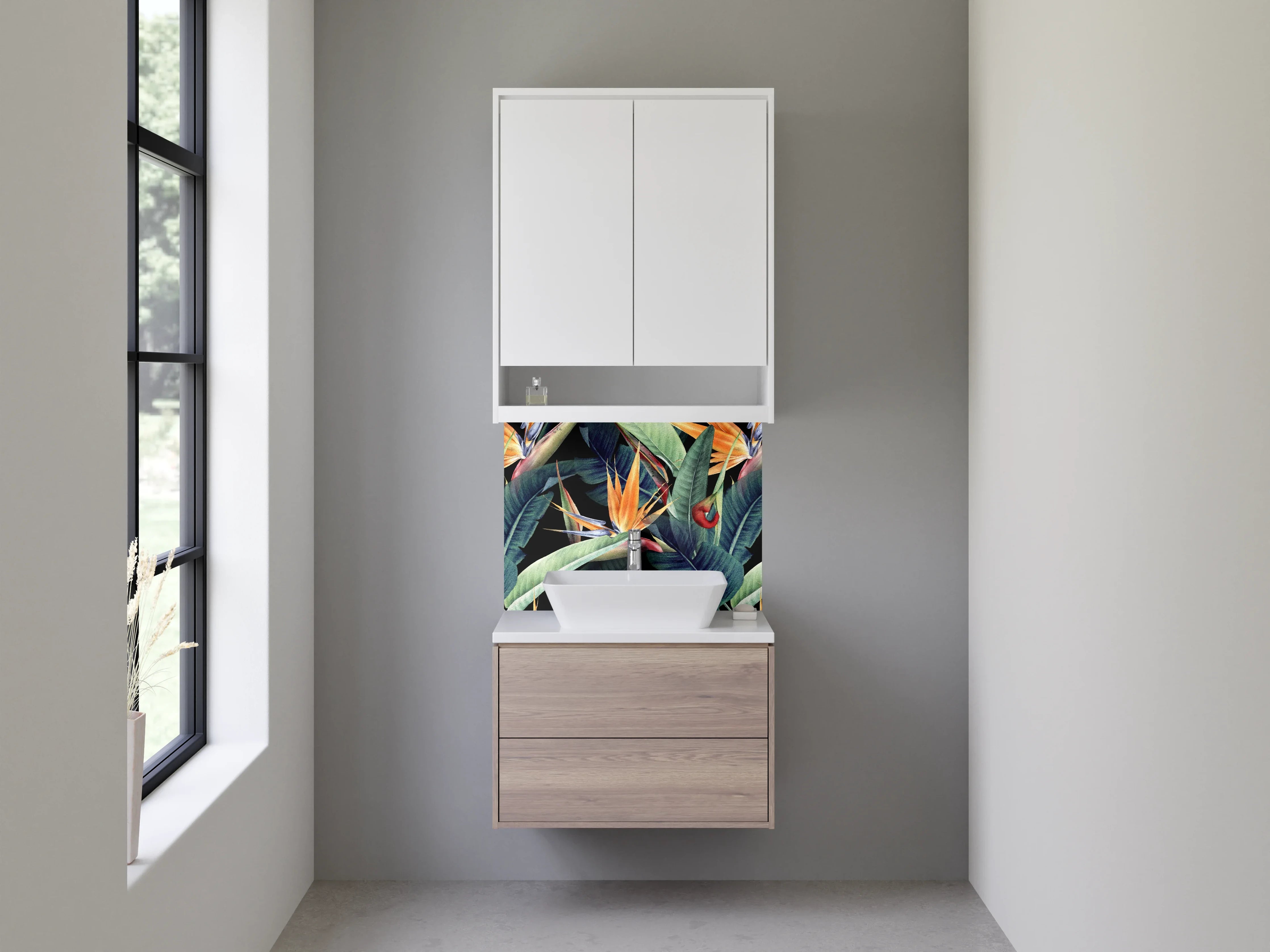 Waschbecken-Rückwand - Exotische Dschungelblätter und Paradiesvögel