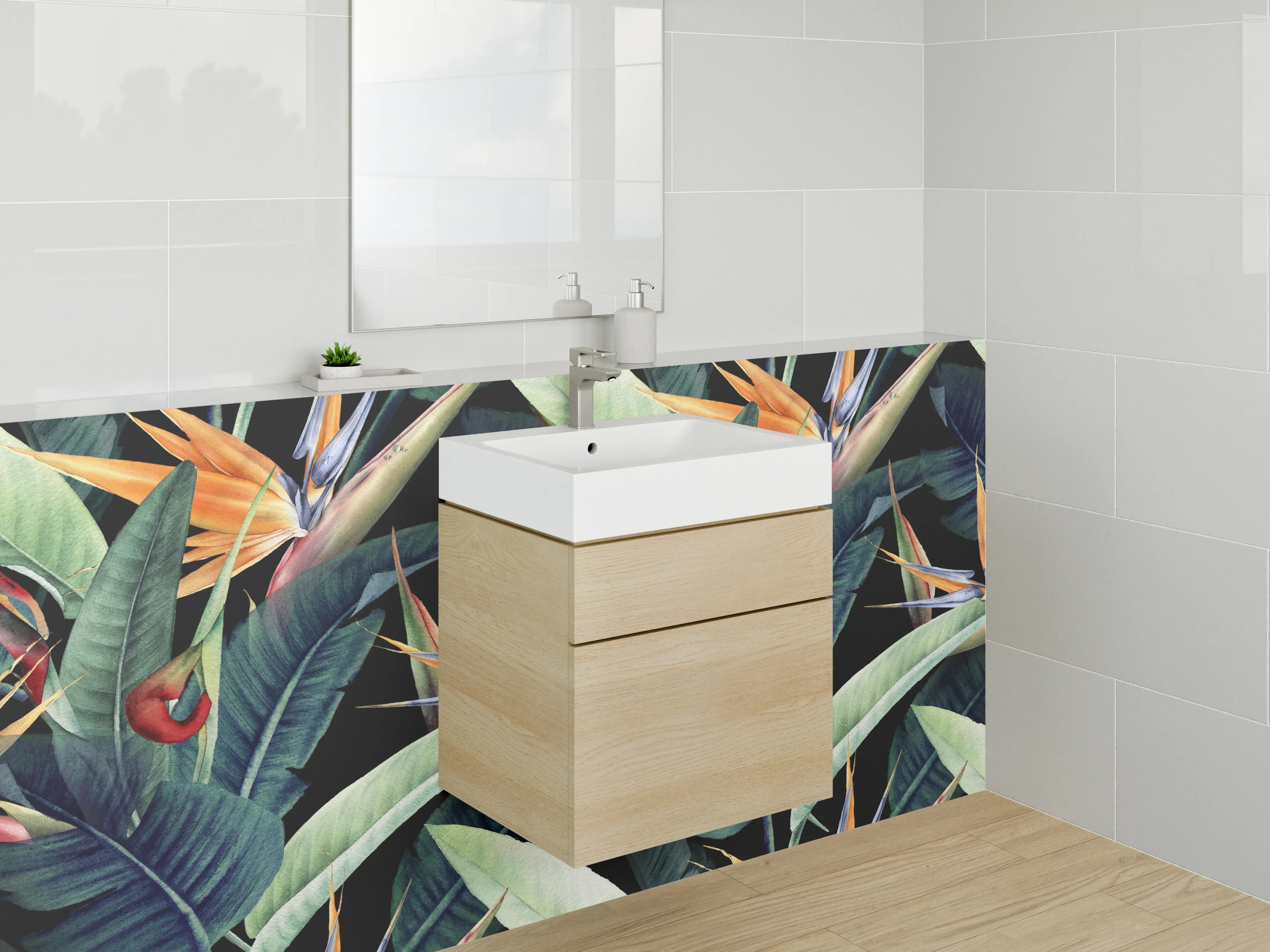 Waschbecken-Rückwand - Exotische Dschungelblätter und Paradiesvögel