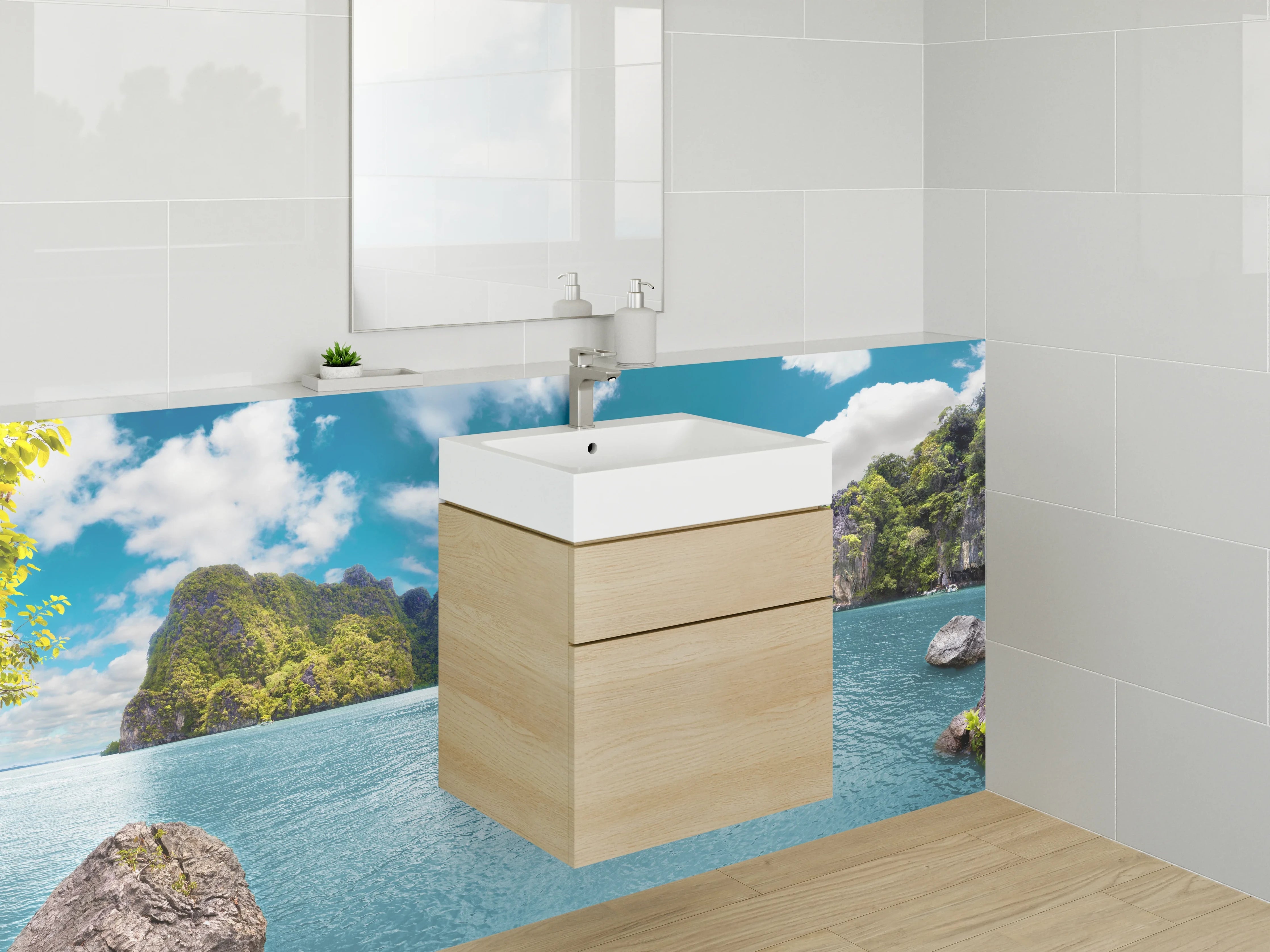 Waschbecken-Rückwand - Exotische Inselküste mit Felsen und Meer