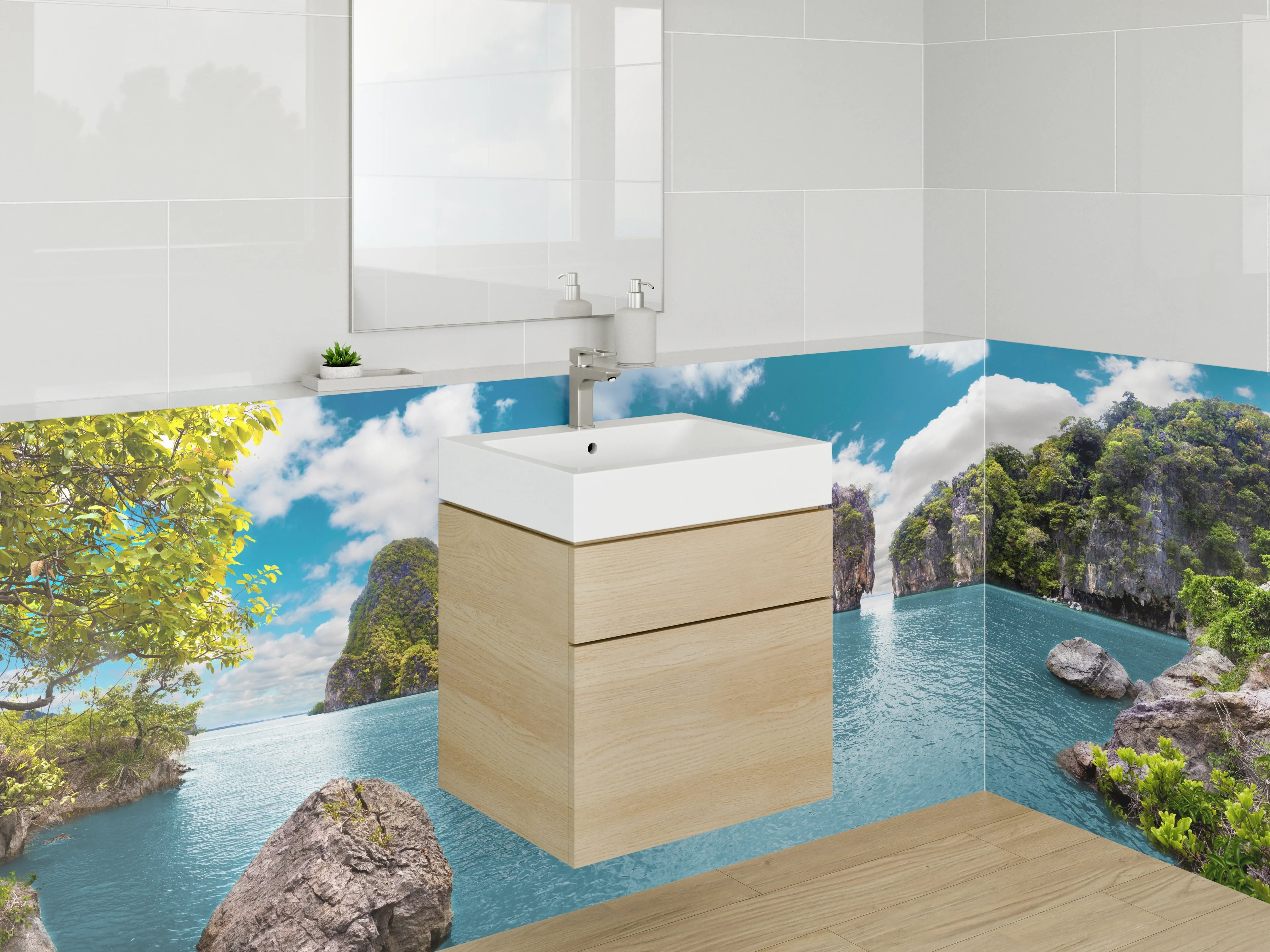 Waschbecken-Rückwand - Exotische Inselküste mit Felsen und Meer
