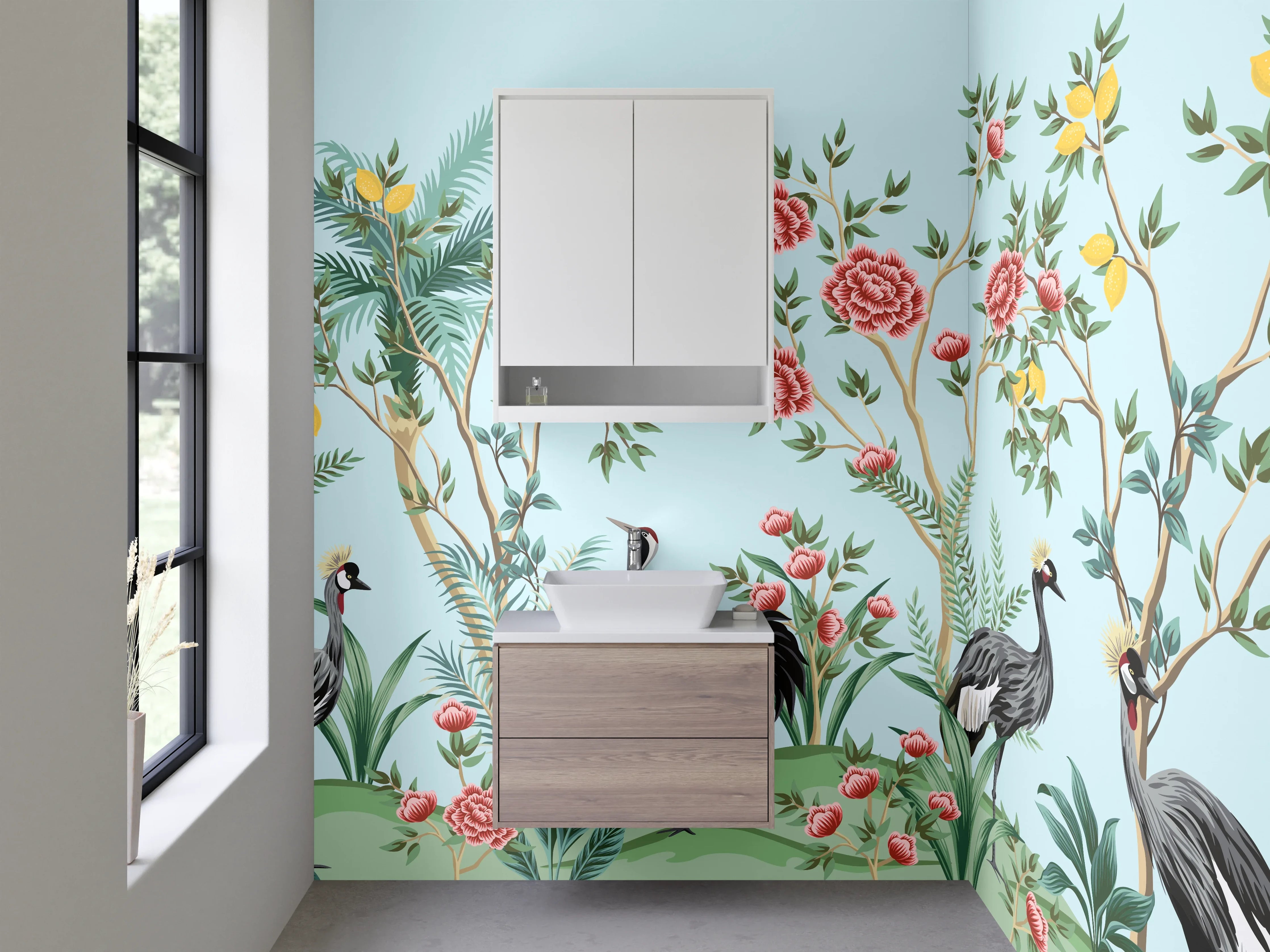 Waschbecken-Rückwand - Exotische Kraniche & Blumenpracht Illustration