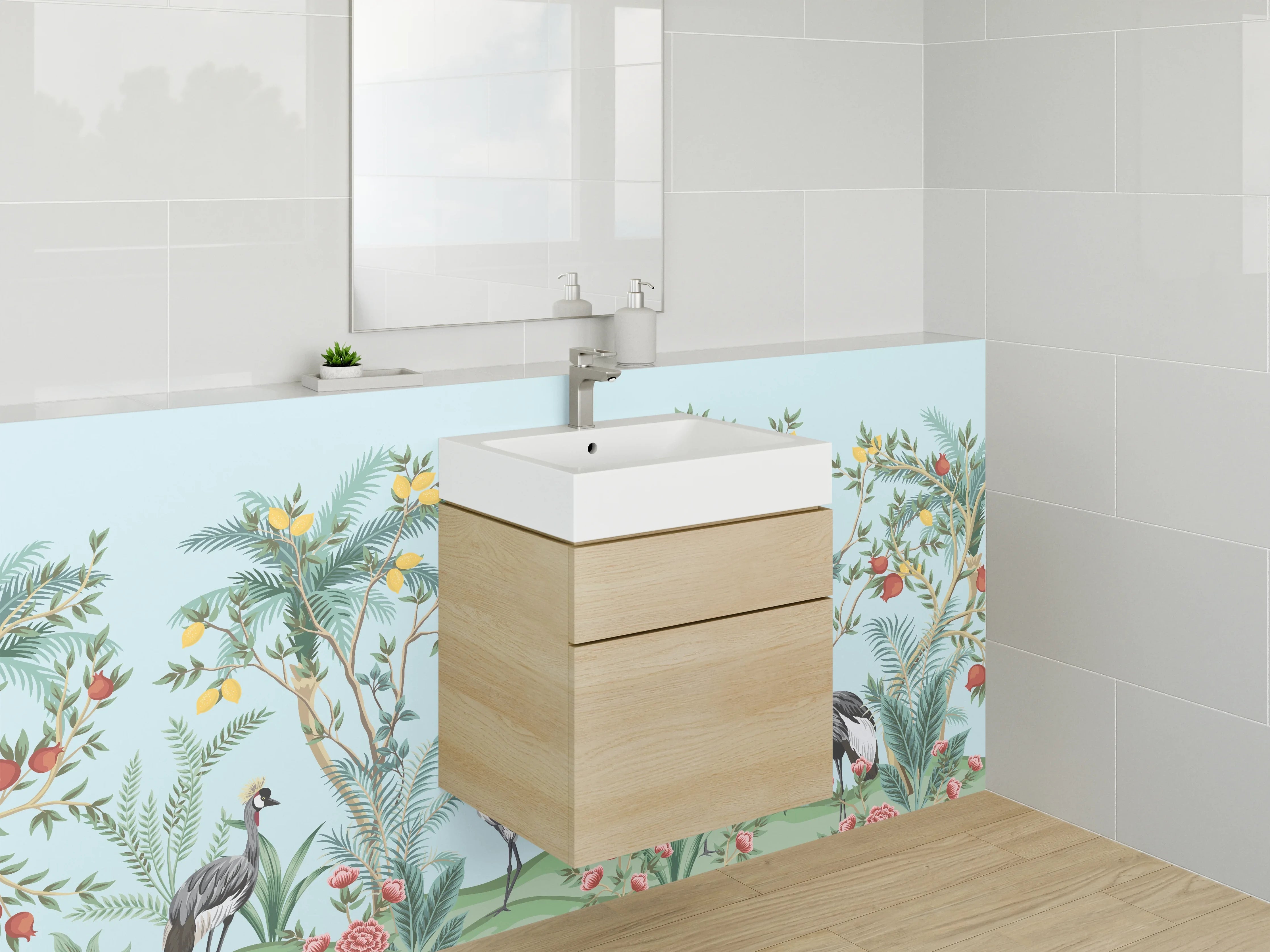 Waschbecken-Rückwand - Exotische Kraniche & Blumenpracht Illustration