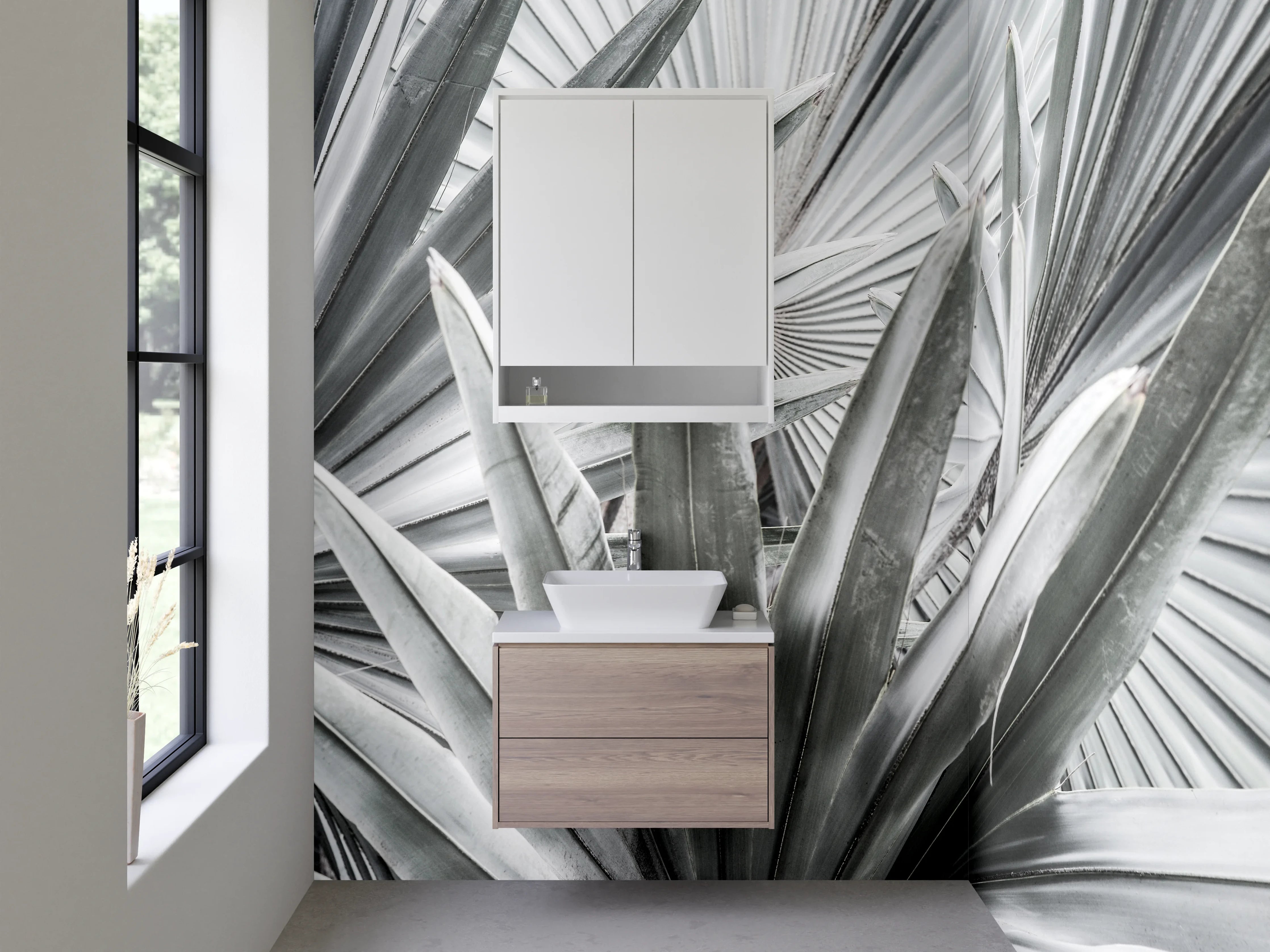 Waschbecken-Rückwand - Exotische Palmenblätter in Weiß-Grau