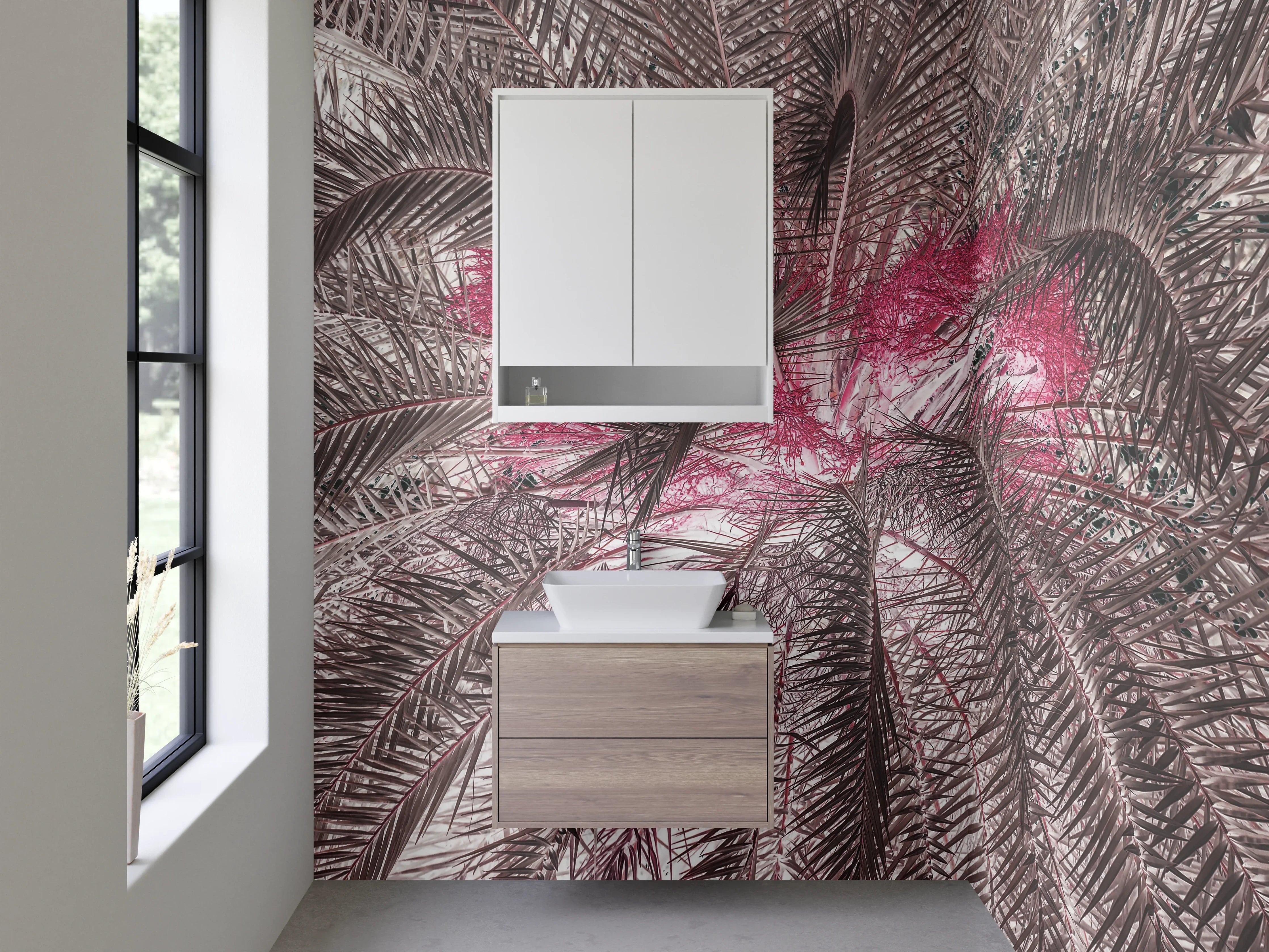 Waschbecken-Rückwand - Exotische Palmenfeder-Optik Rosa Braun