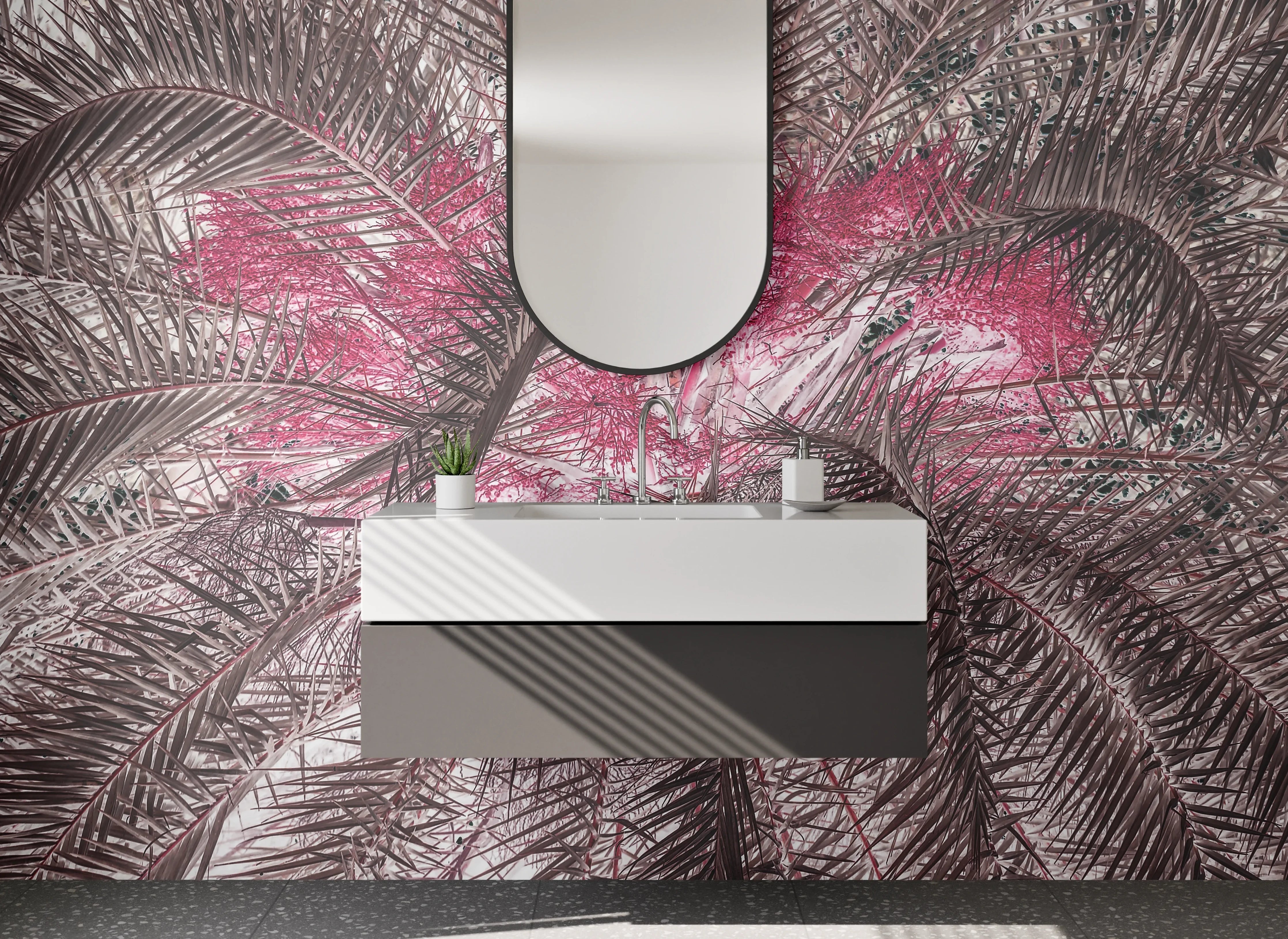 Waschbecken-Rückwand - Exotische Palmenfeder-Optik Rosa Braun
