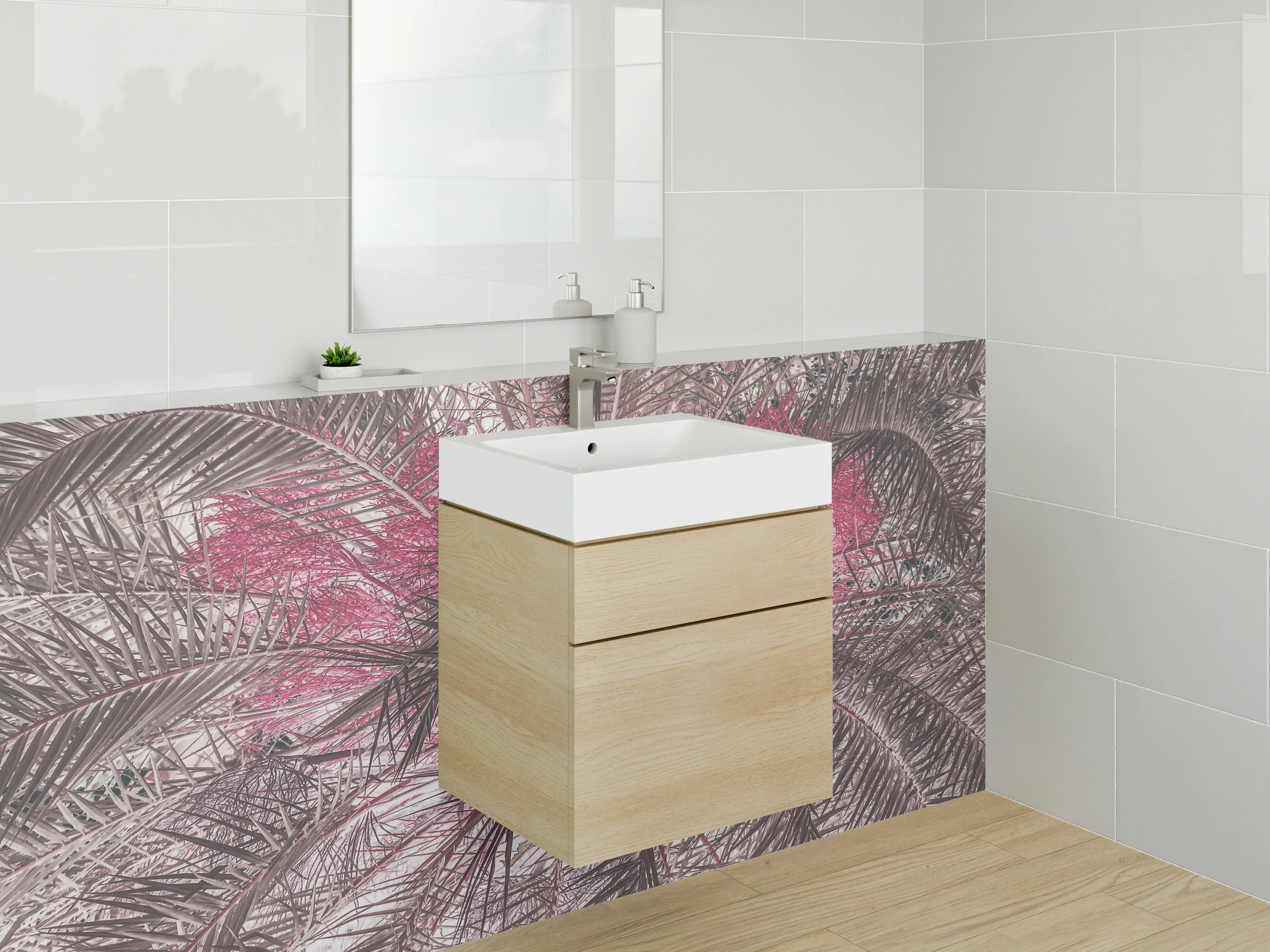 Waschbecken-Rückwand - Exotische Palmenfeder-Optik Rosa Braun