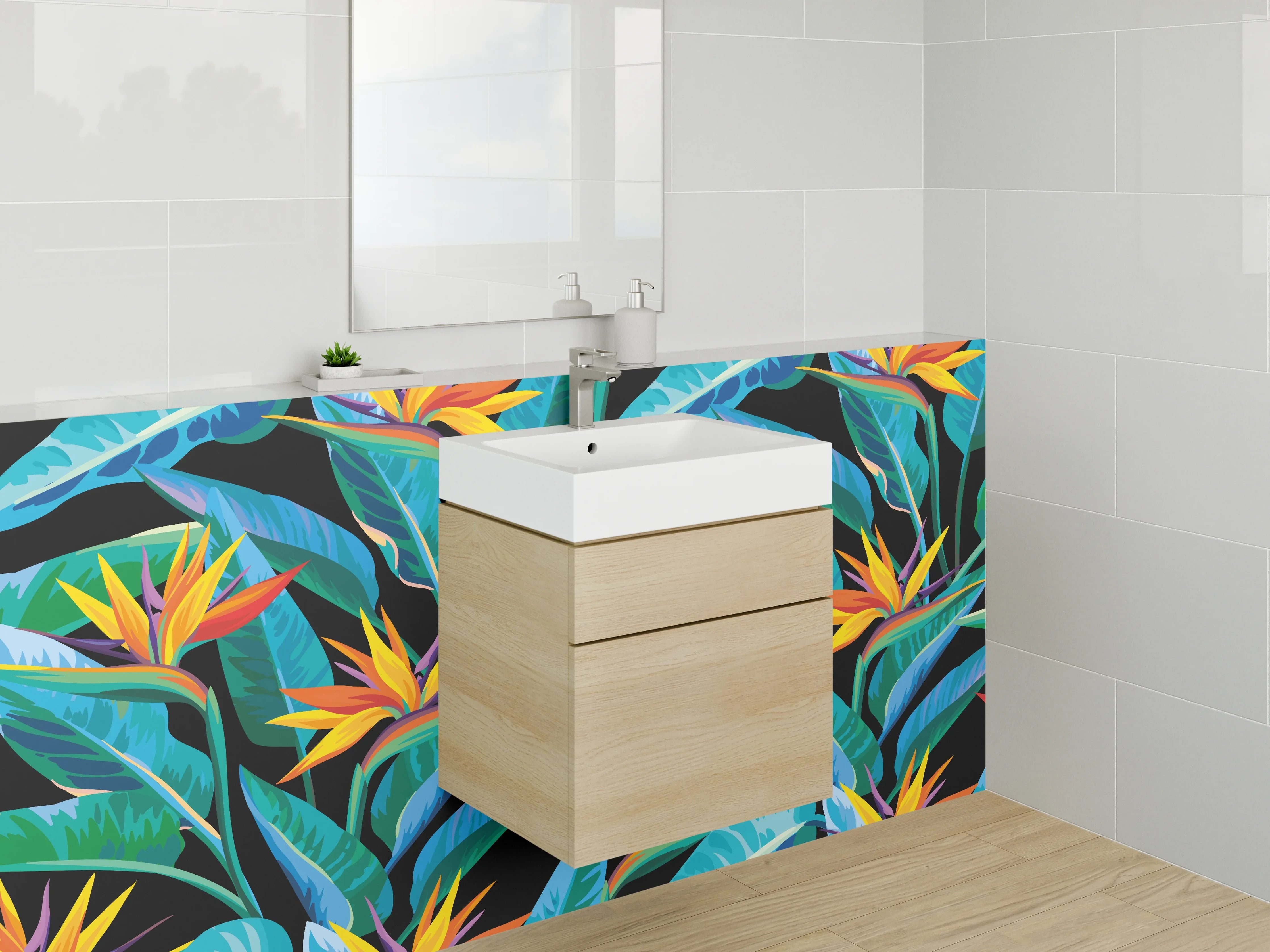 Waschbecken-Rückwand - Exotische Paradiesvogel-Blume Muster