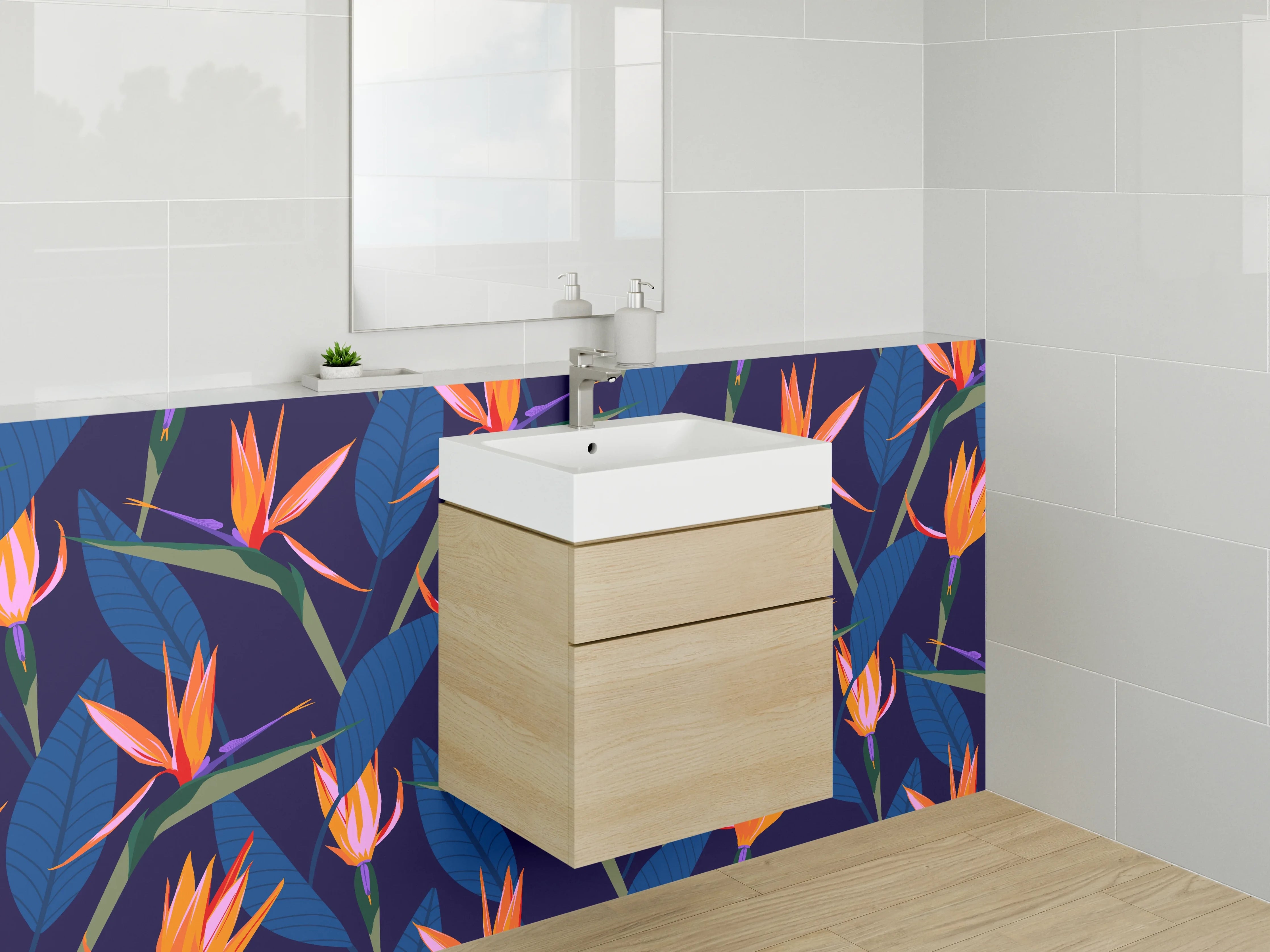 Waschbecken-Rückwand - Exotische Paradiesvogel-Blumen Muster