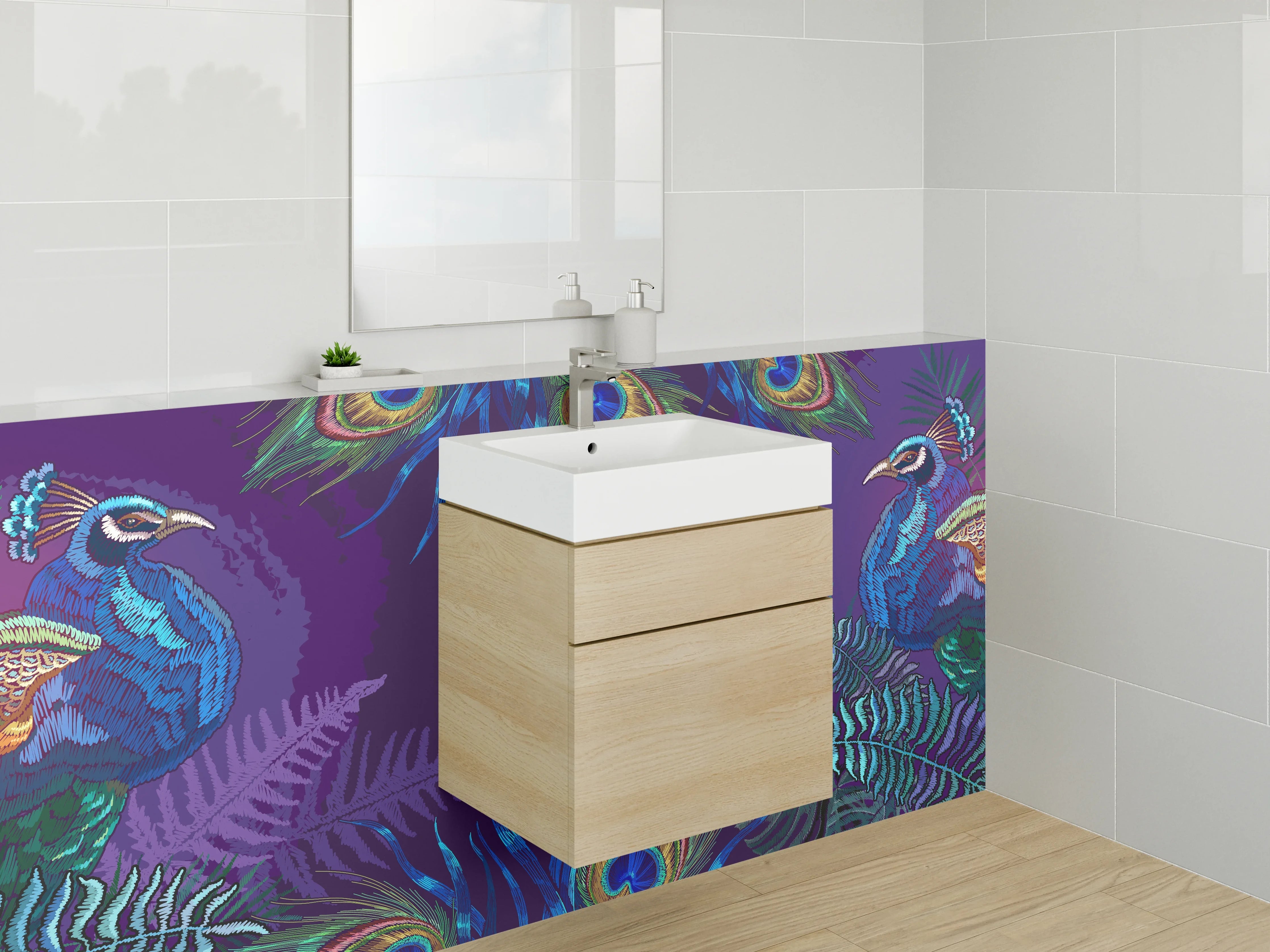 Waschbecken-Rückwand - Exotische Pfauen Aquarell für Badezimmer