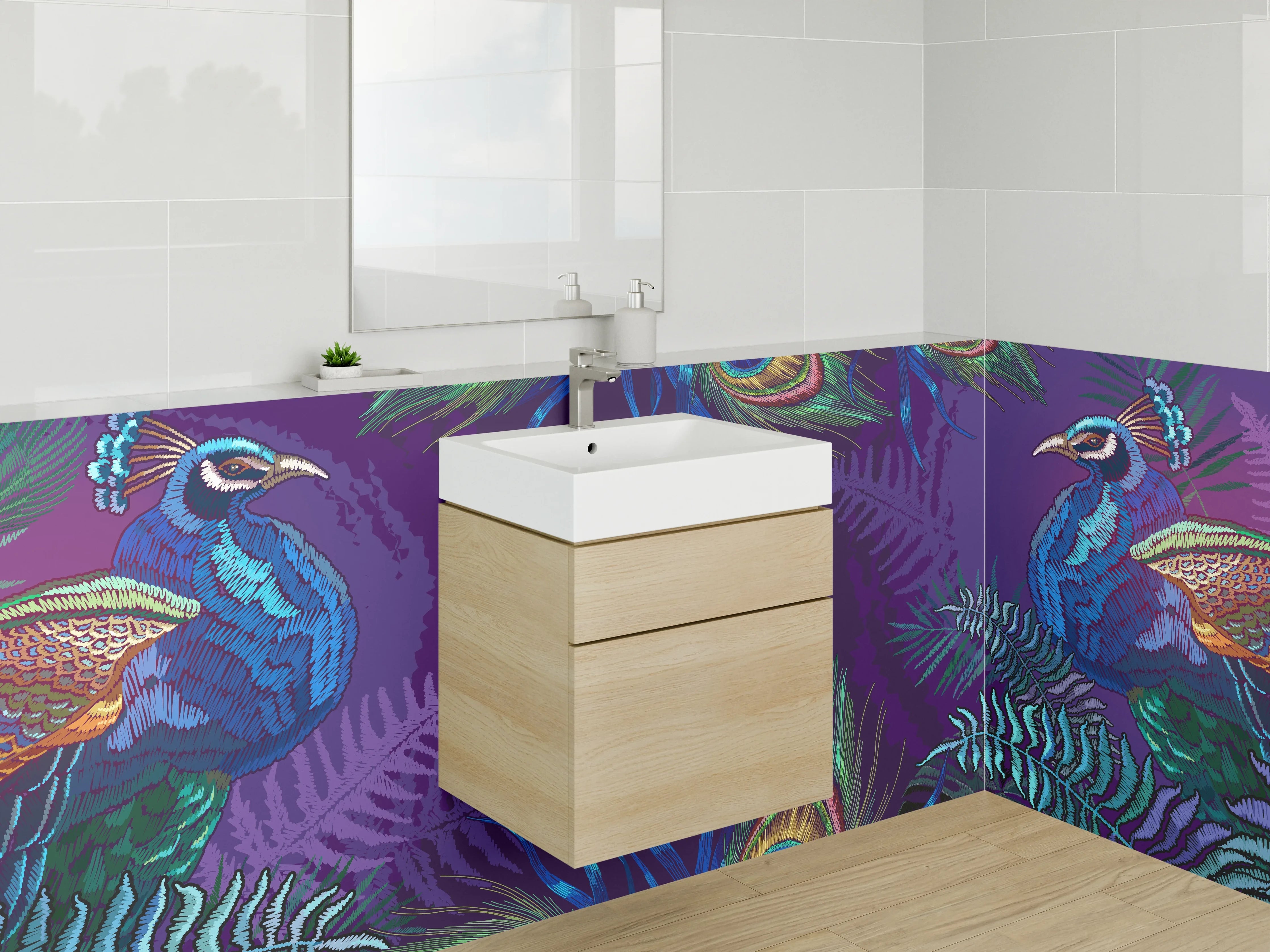 Waschbecken-Rückwand - Exotische Pfauen Aquarell für Badezimmer