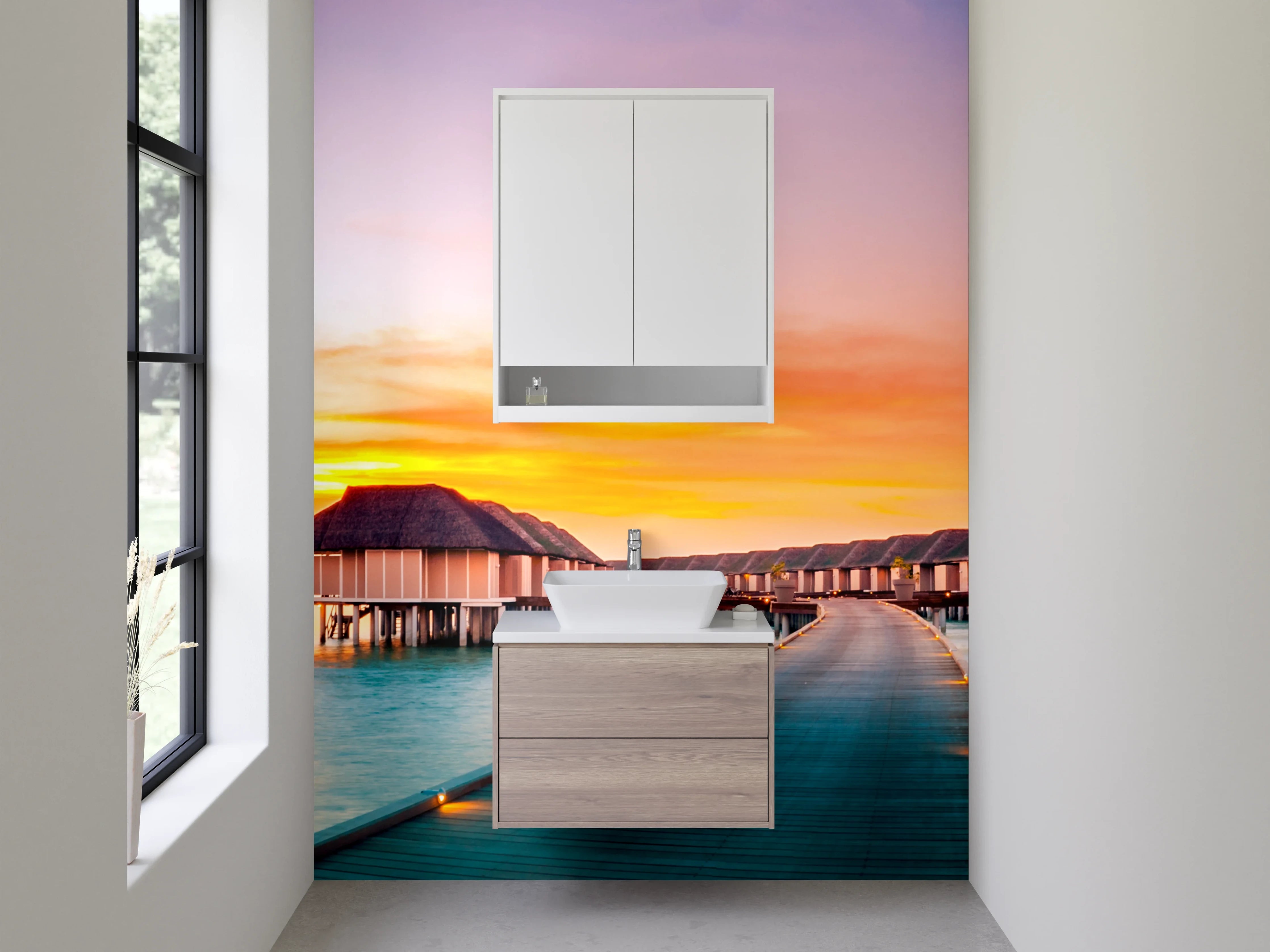 Waschbecken-Rückwand - Exotische Sonnenuntergangs-Oase Wasserbungalows