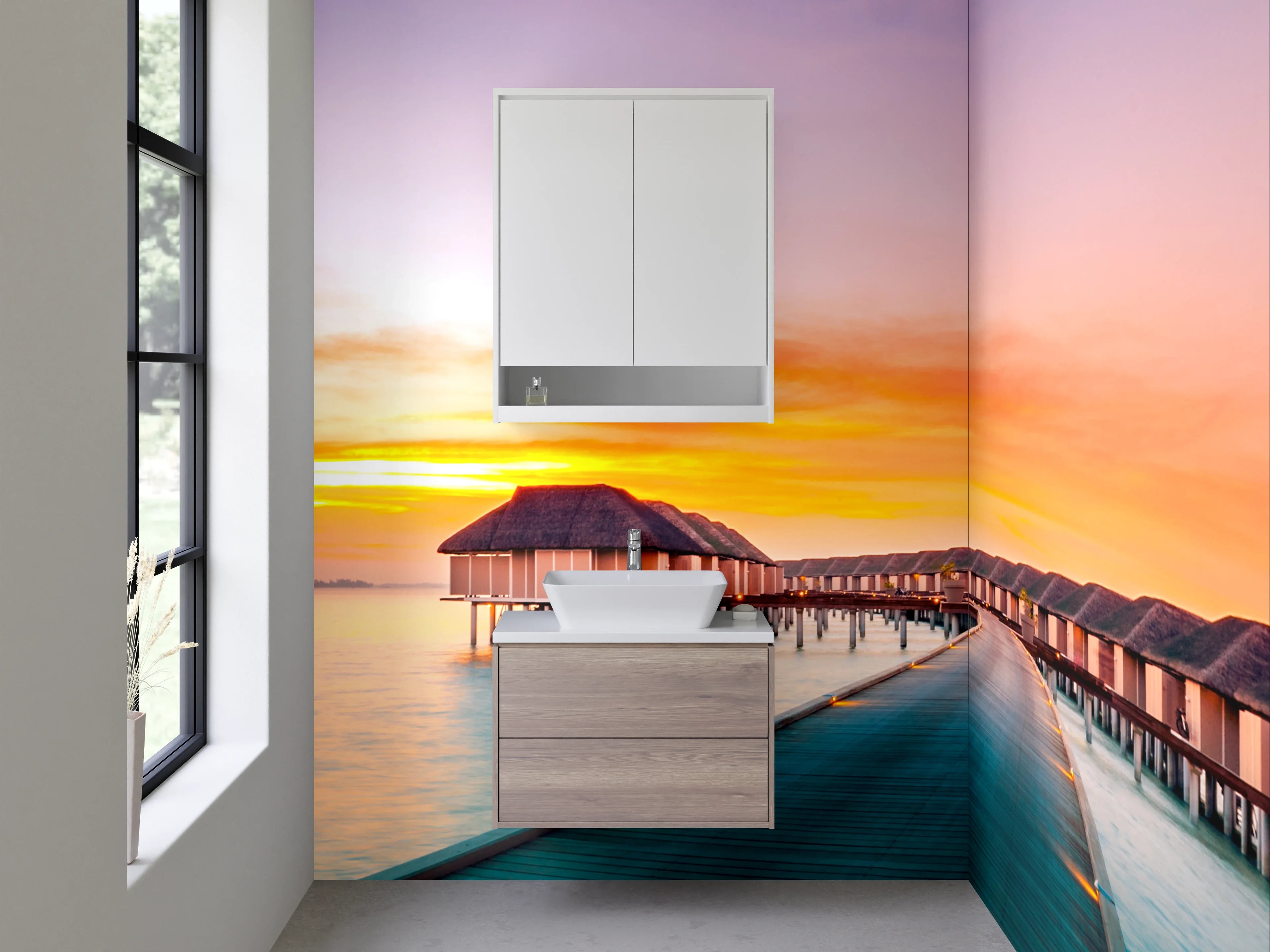 Waschbecken-Rückwand - Exotische Sonnenuntergangs-Oase Wasserbungalows