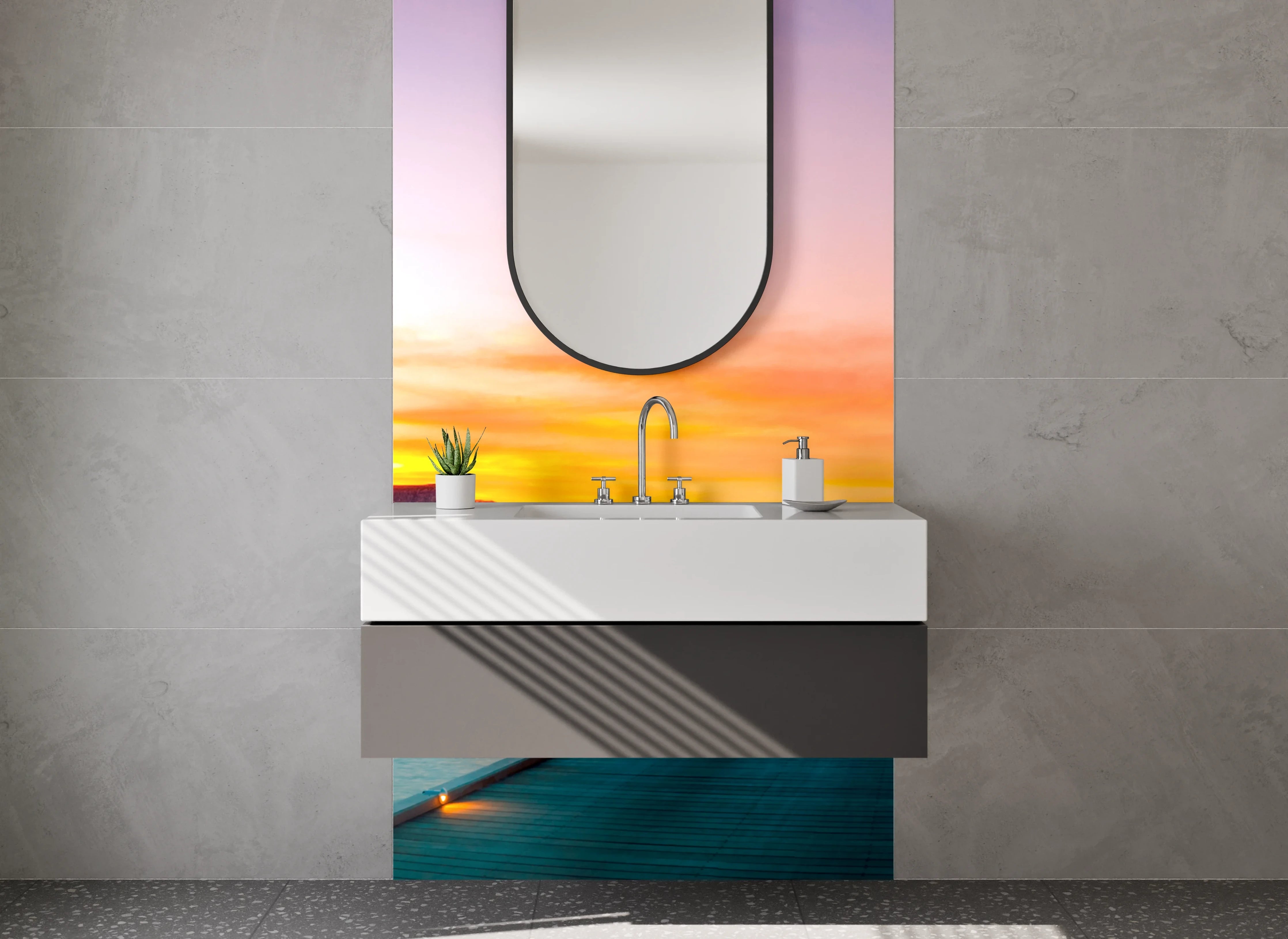 Waschbecken-Rückwand - Exotische Sonnenuntergangs-Oase Wasserbungalows