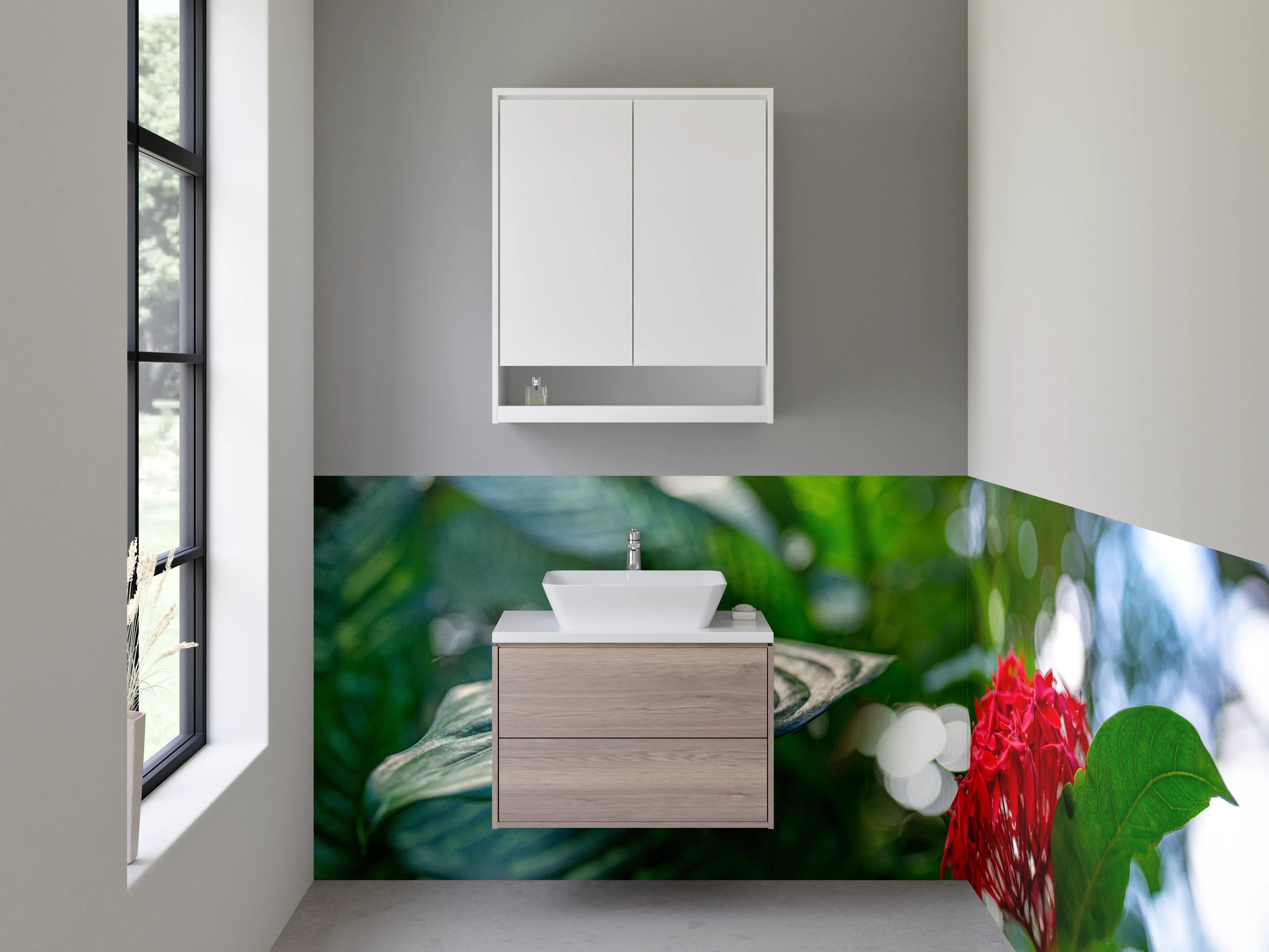 Waschbecken-Rückwand - Exotische rote Dschungelblüte Kunstfoto