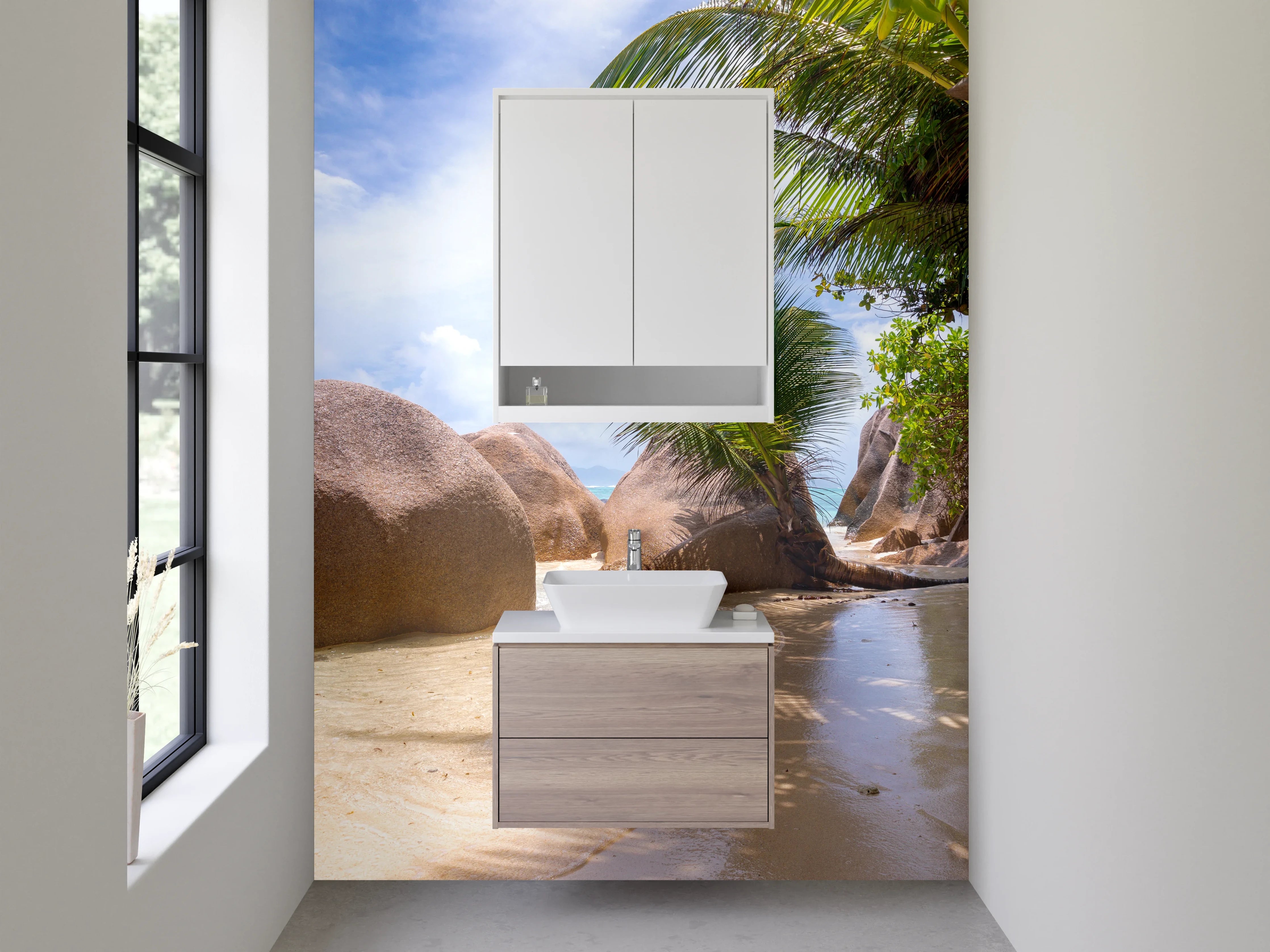Waschbecken-Rückwand - Exotischer Strand mit Granitfelsen