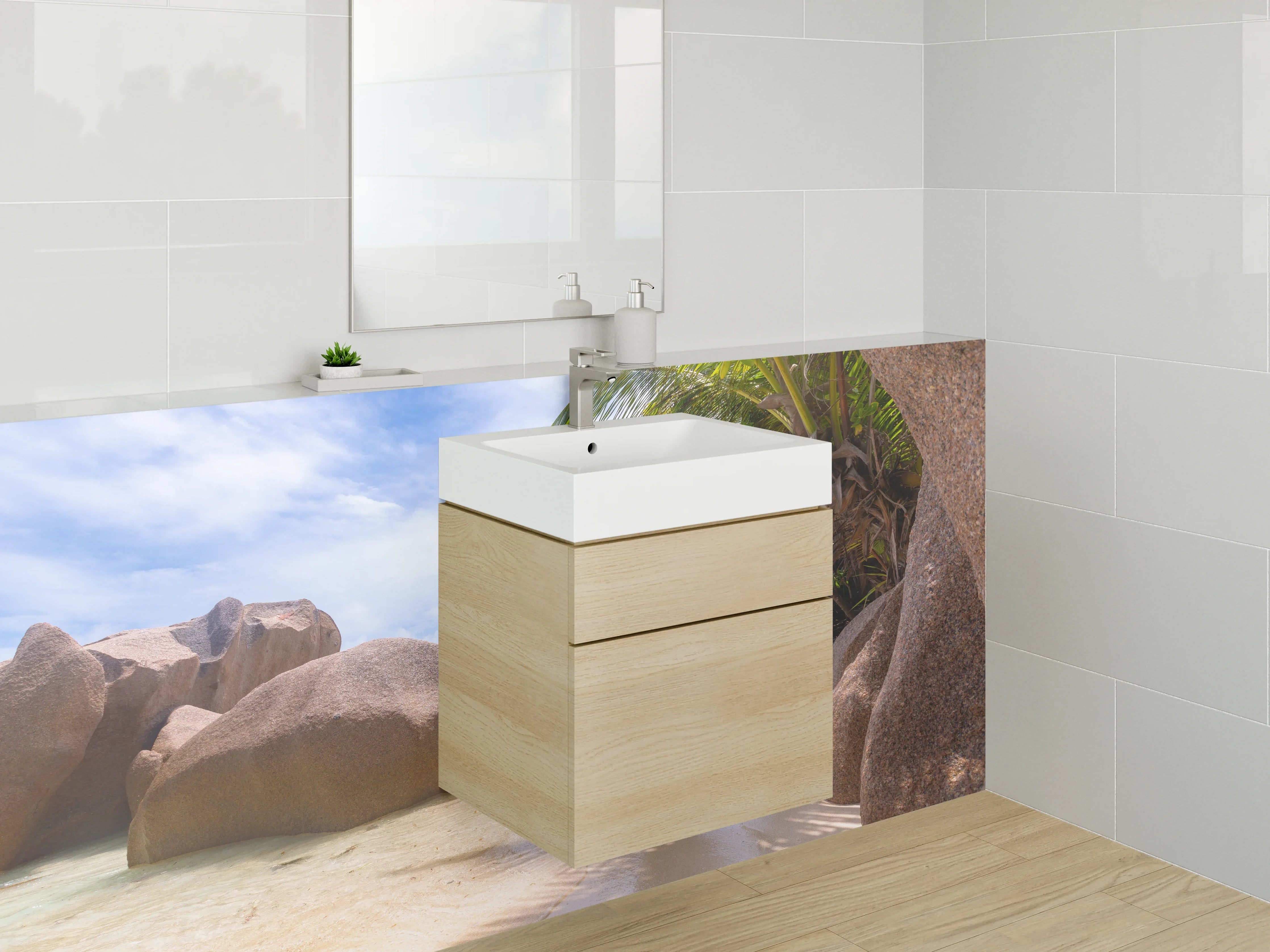 Waschbecken-Rückwand - Exotischer Strand mit Granitfelsen