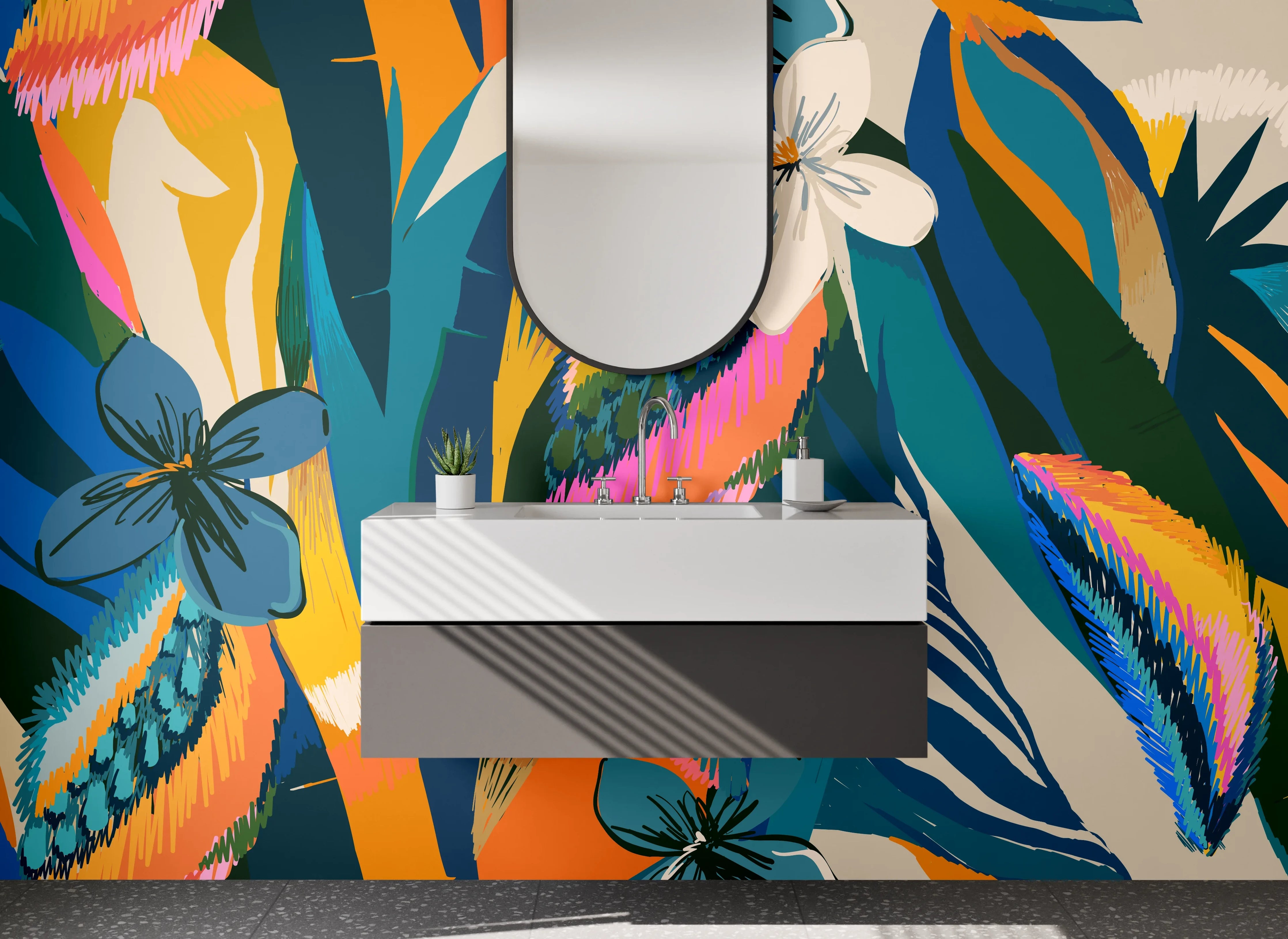 Waschbecken-Rückwand - Exotisches Blumen-Muster Tropisch Pop Art