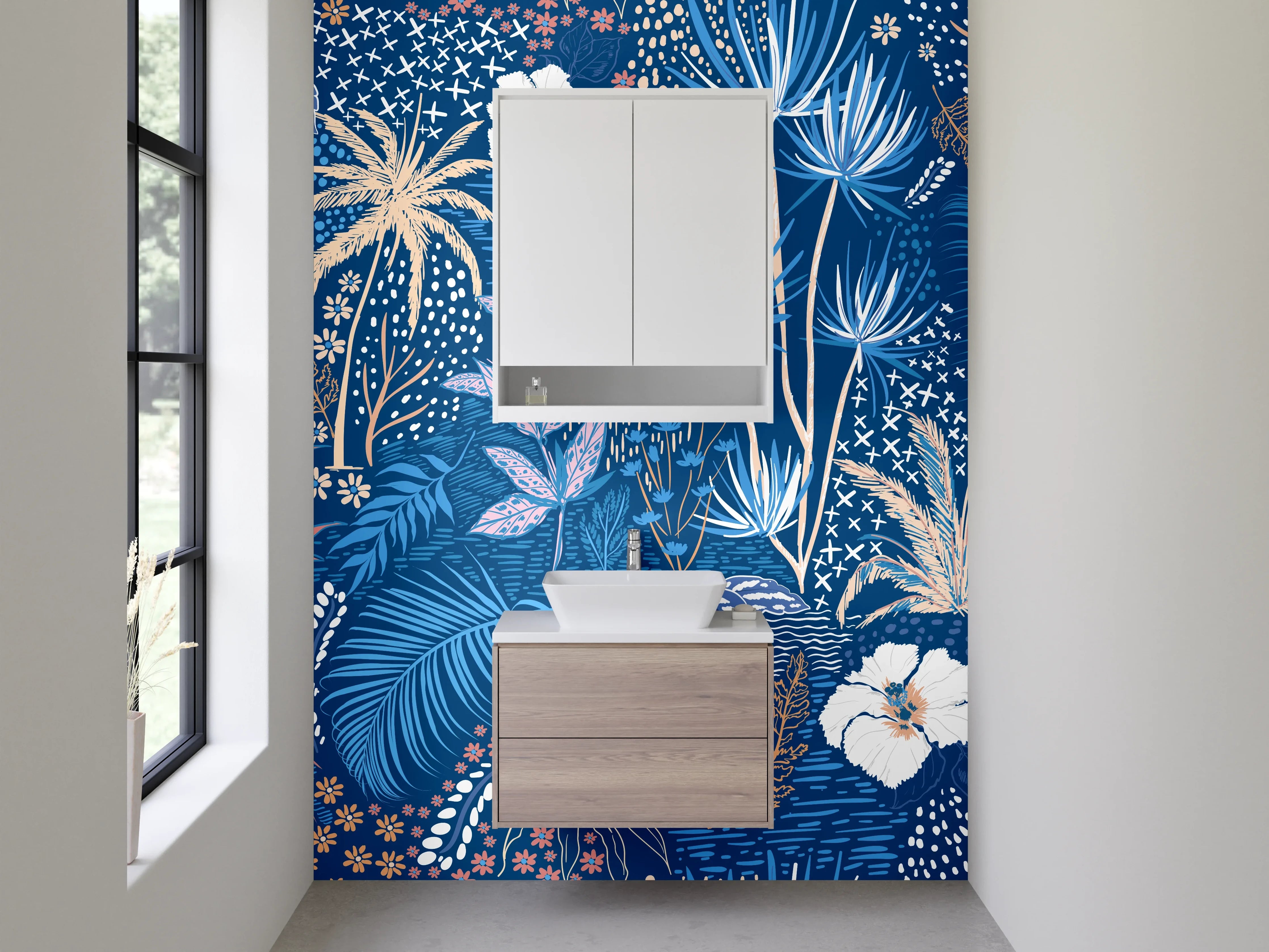 Waschbecken-Rückwand - Exotisches Dschungel-Blumenmuster Blau Beige