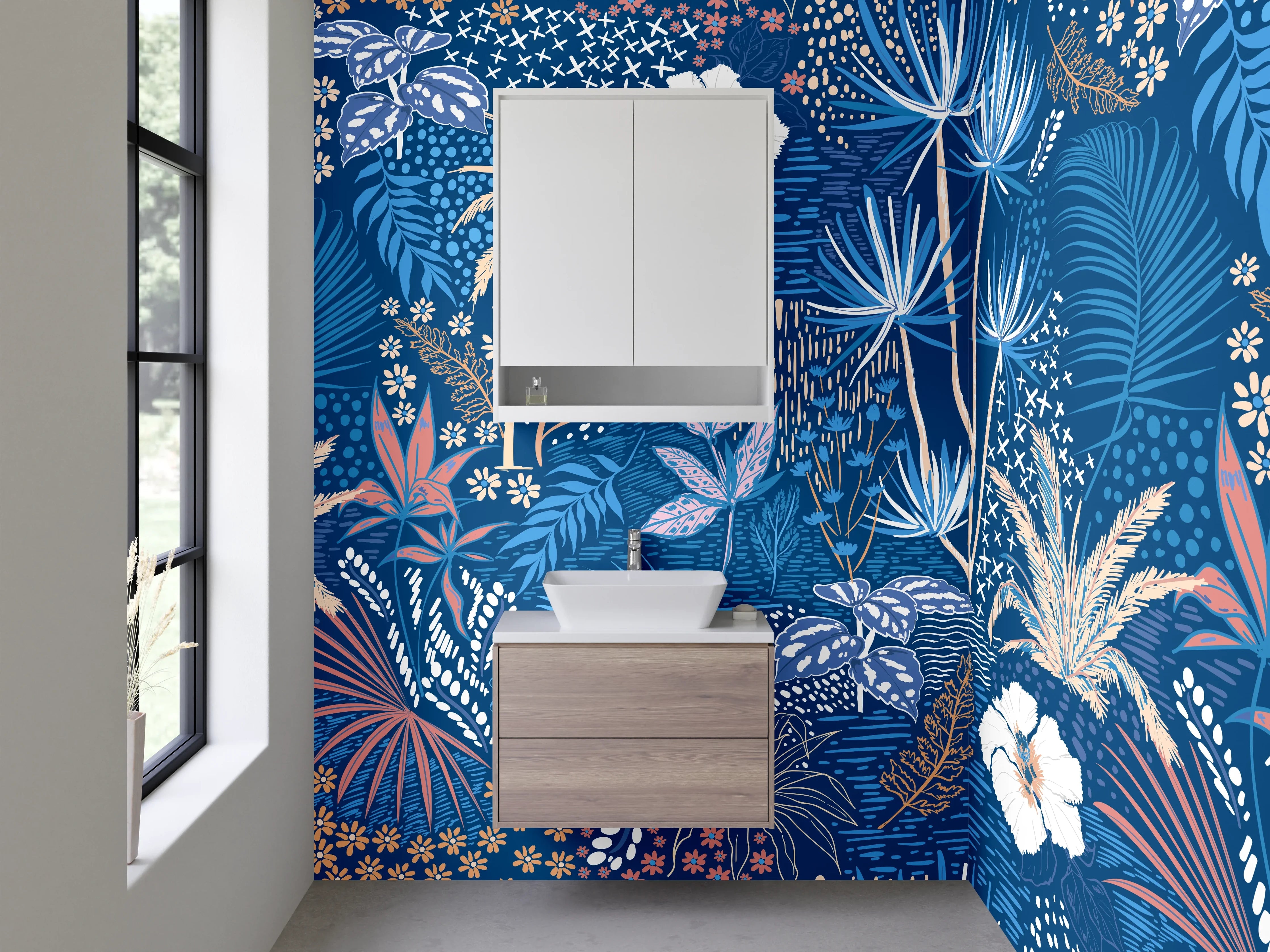 Waschbecken-Rückwand - Exotisches Dschungel-Blumenmuster Blau Beige