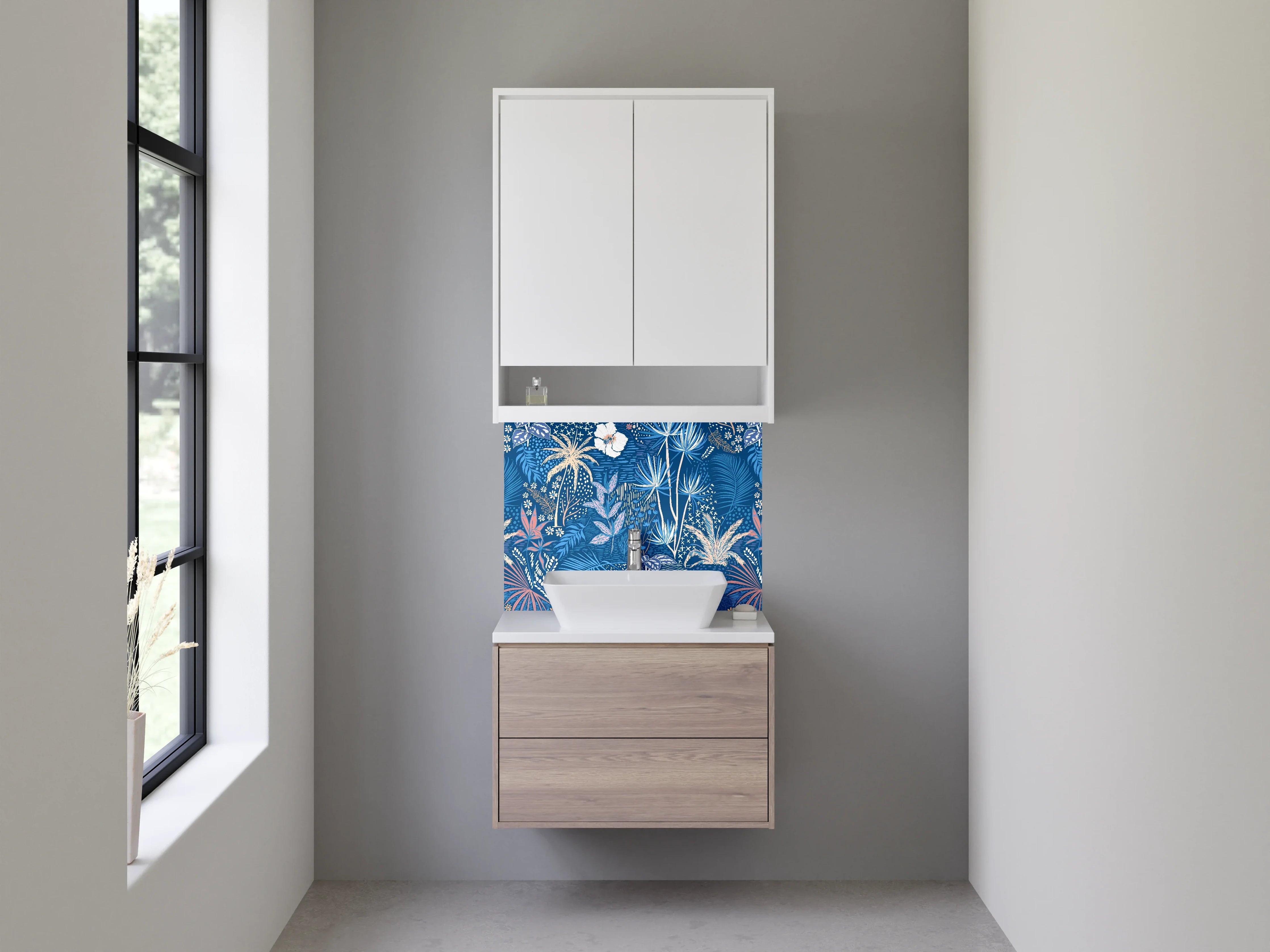 Waschbecken-Rückwand - Exotisches Dschungel-Blumenmuster Blau Beige