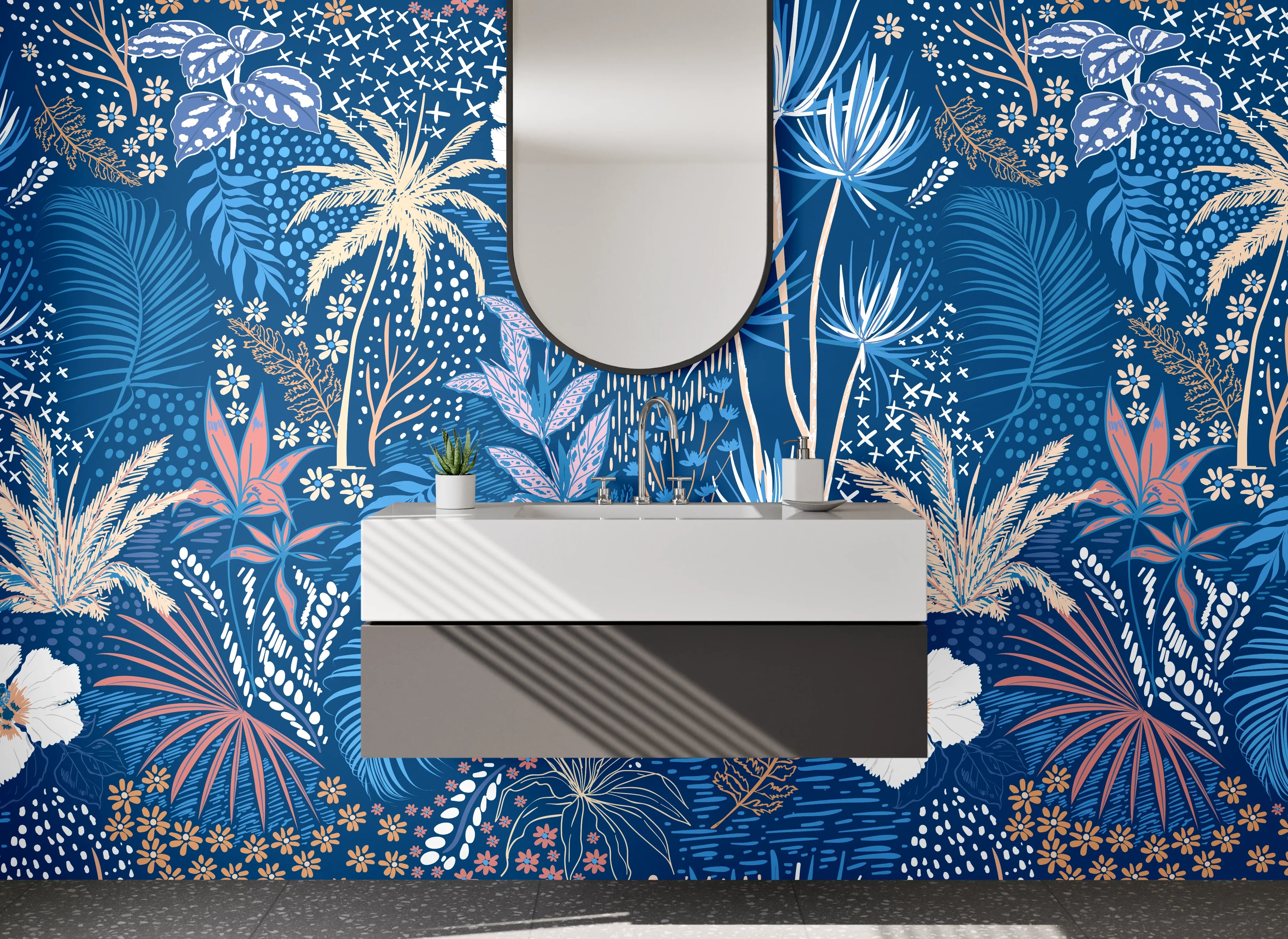 Waschbecken-Rückwand - Exotisches Dschungel-Blumenmuster Blau Beige