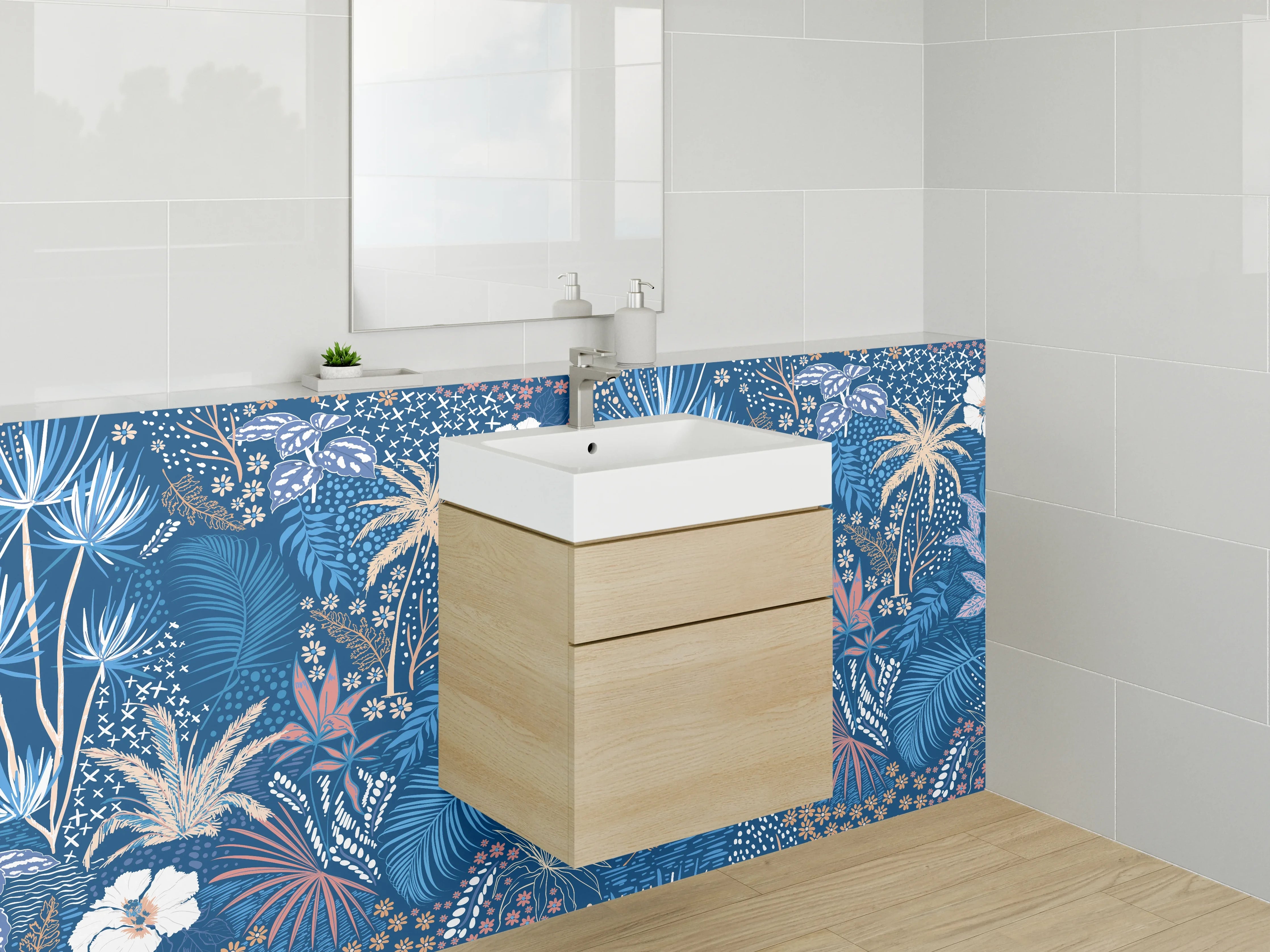 Waschbecken-Rückwand - Exotisches Dschungel-Blumenmuster Blau Beige