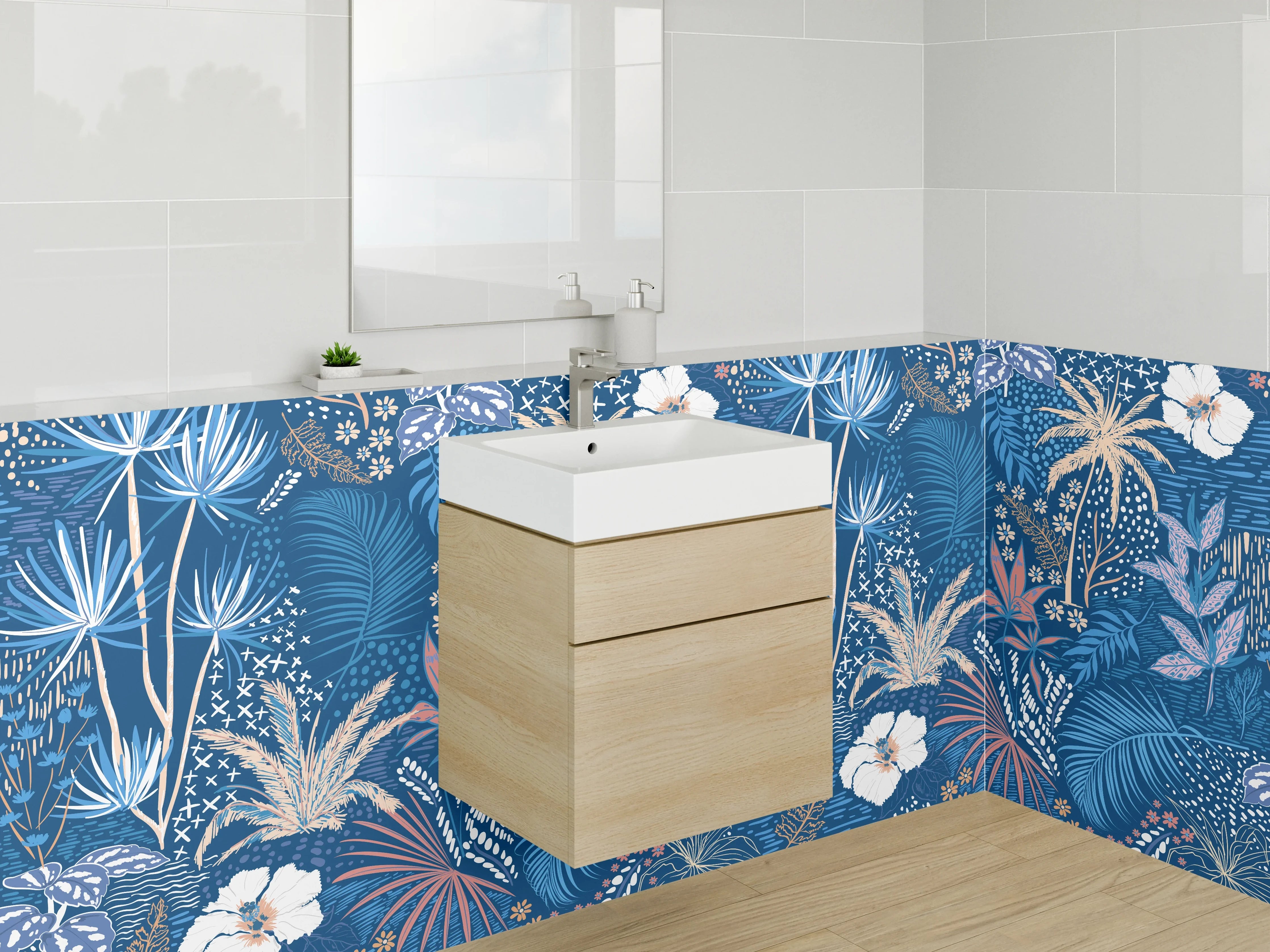 Waschbecken-Rückwand - Exotisches Dschungel-Blumenmuster Blau Beige