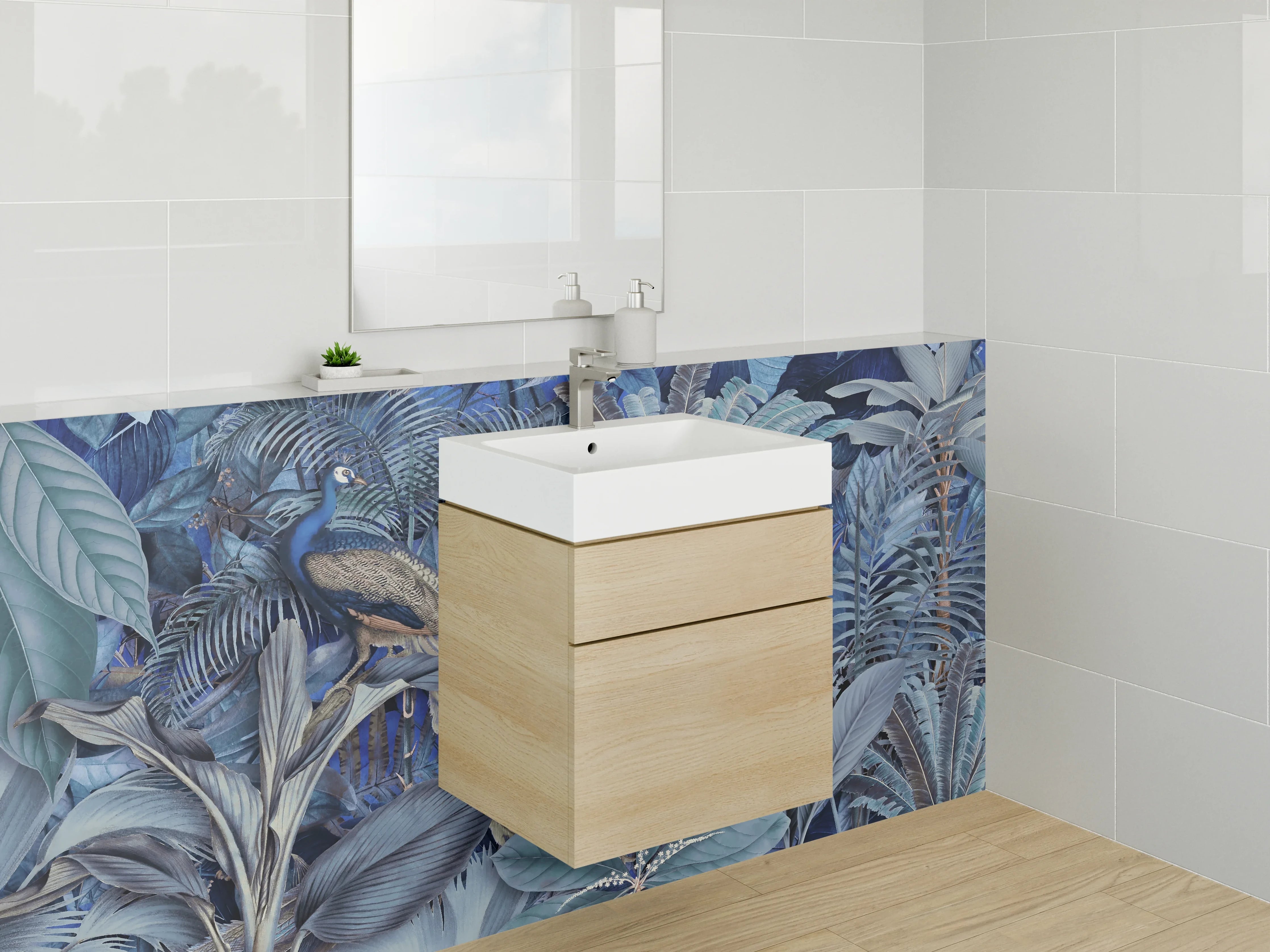 Waschbecken-Rückwand - Exotisches Dschungel-Motiv mit Pfauen