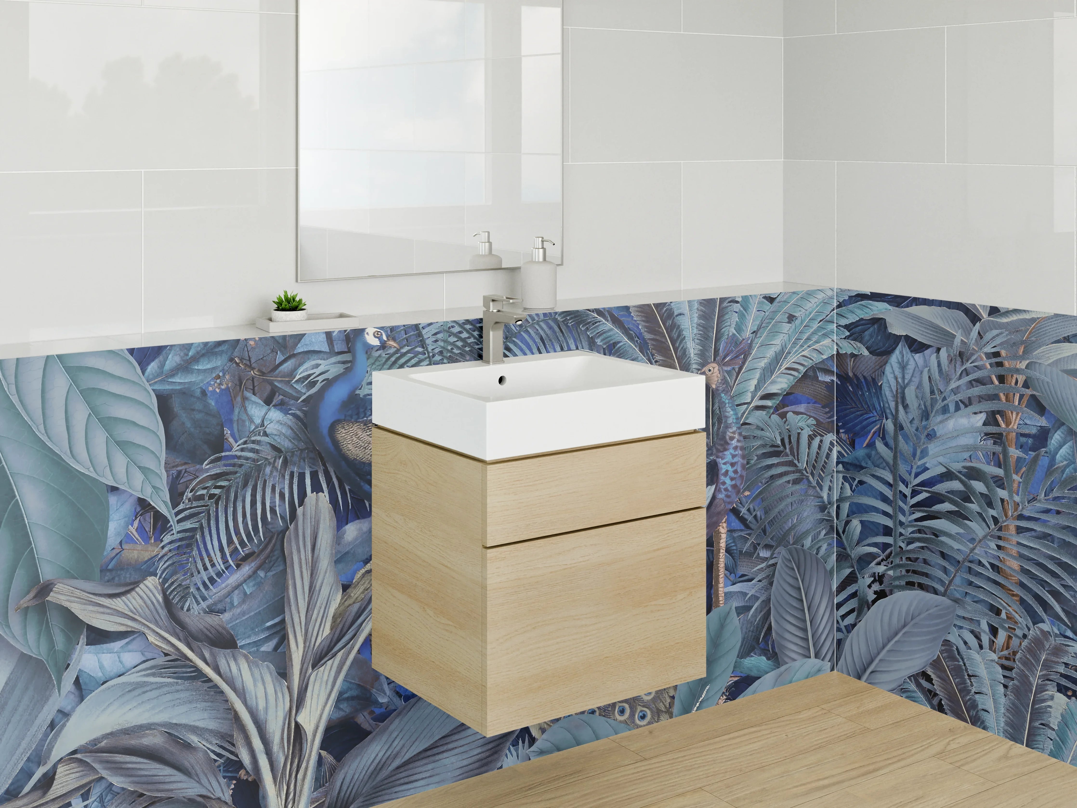 Waschbecken-Rückwand - Exotisches Dschungel-Motiv mit Pfauen