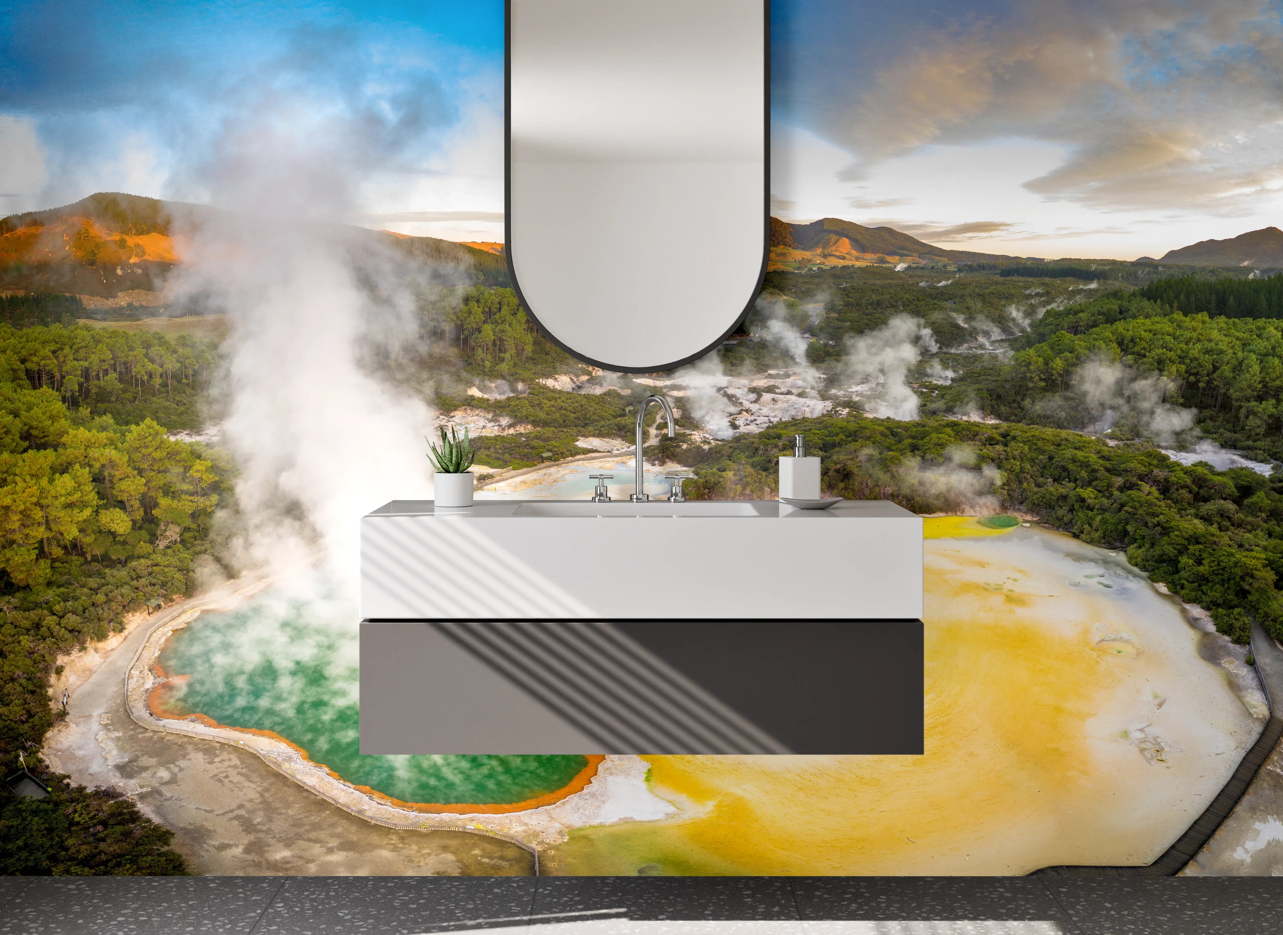Waschbecken-Rückwand - Farbenfroher Geysir am Thermalsee