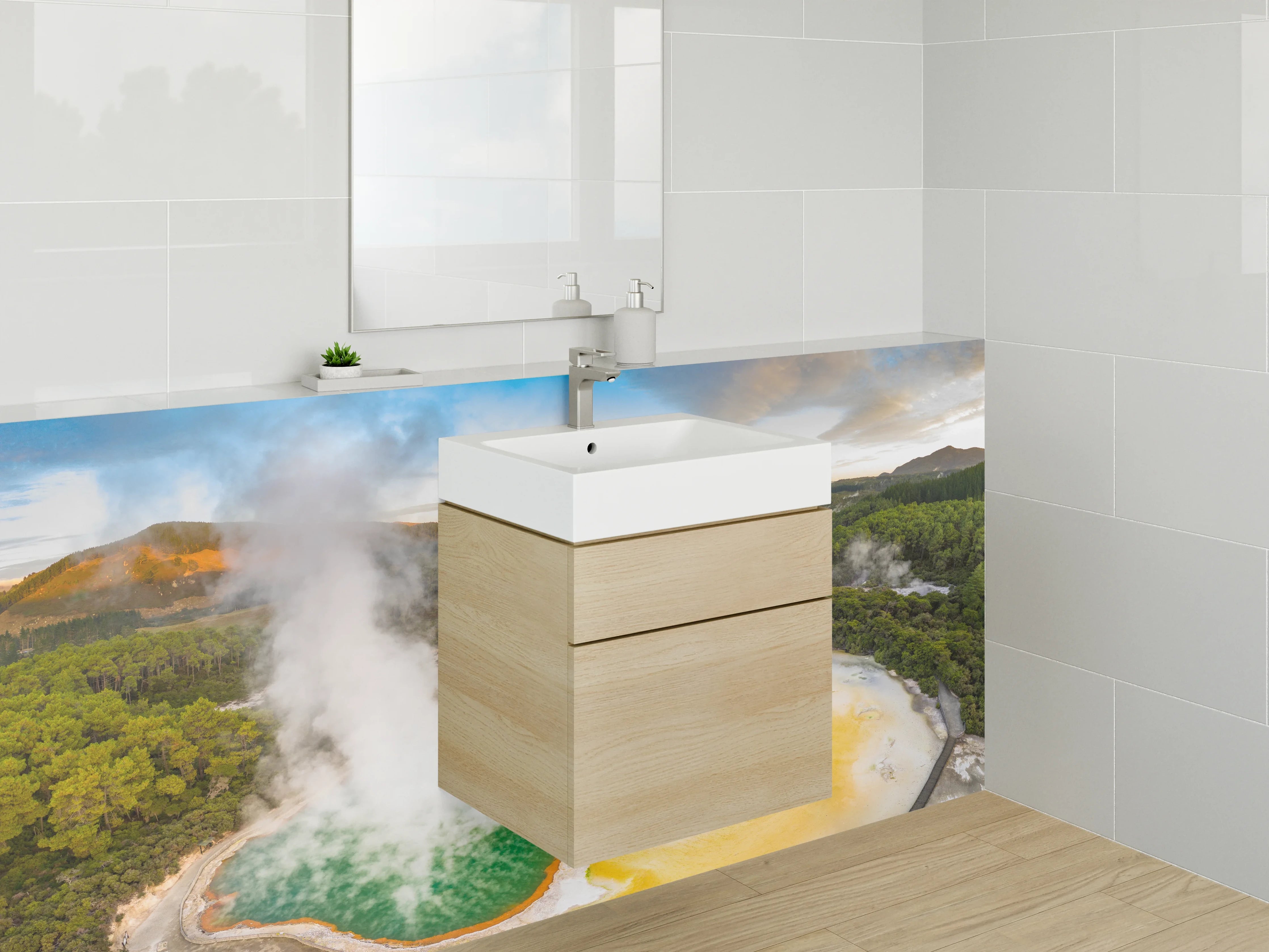 Waschbecken-Rückwand - Farbenfroher Geysir am Thermalsee