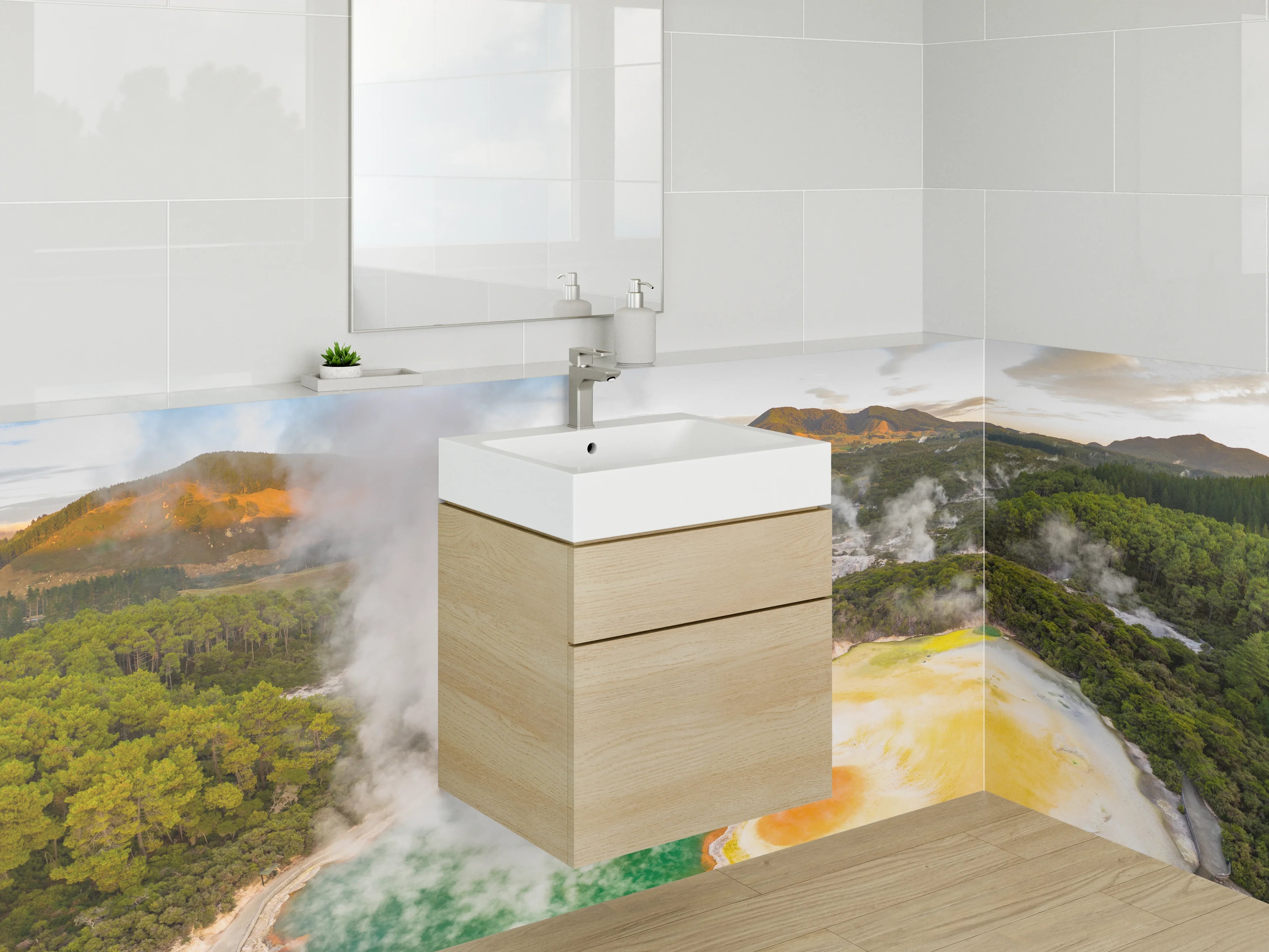Waschbecken-Rückwand - Farbenfroher Geysir am Thermalsee