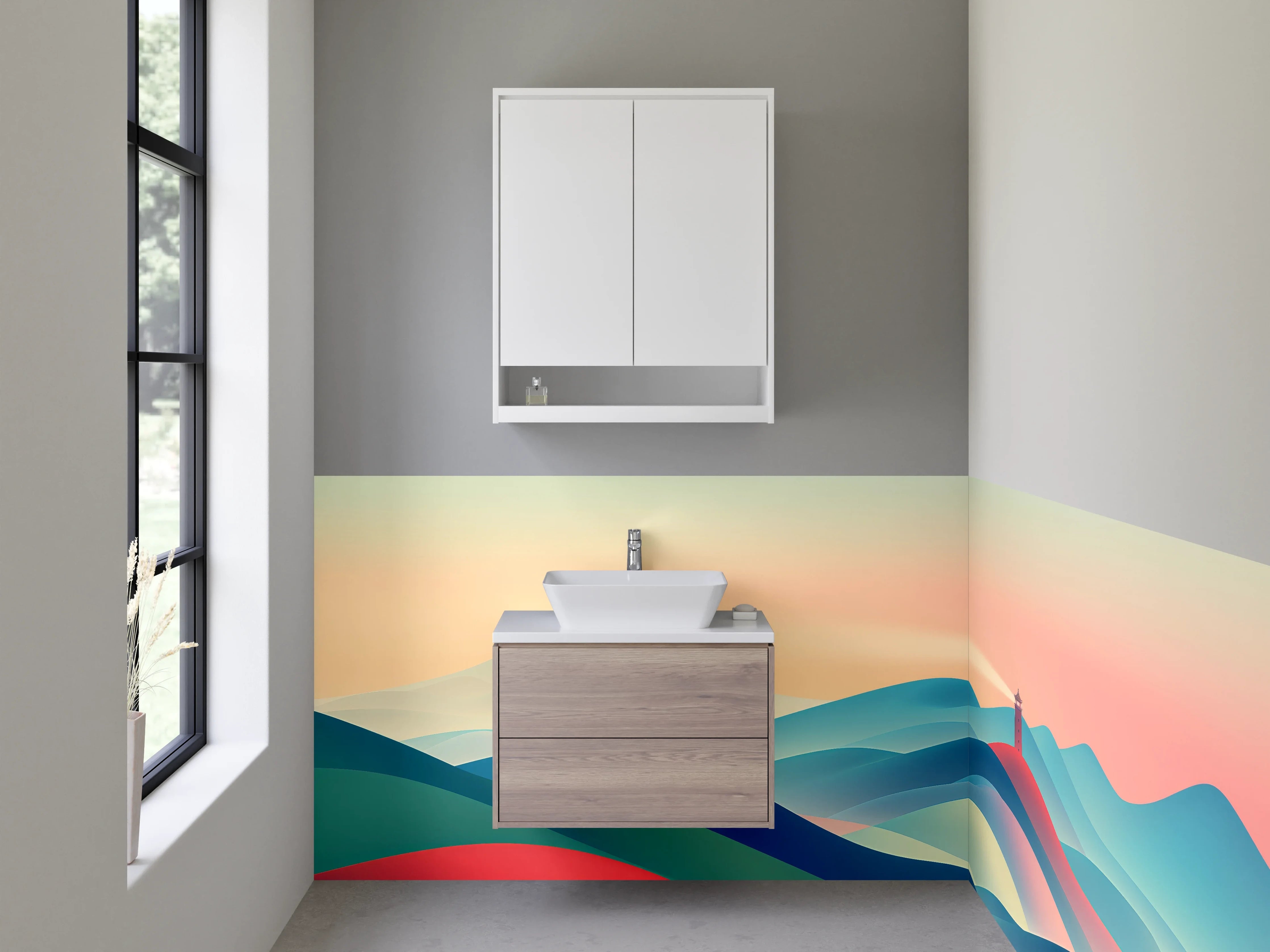 Waschbecken-Rückwand - Farbenfrohes Bergpanorama mit Leuchtturm