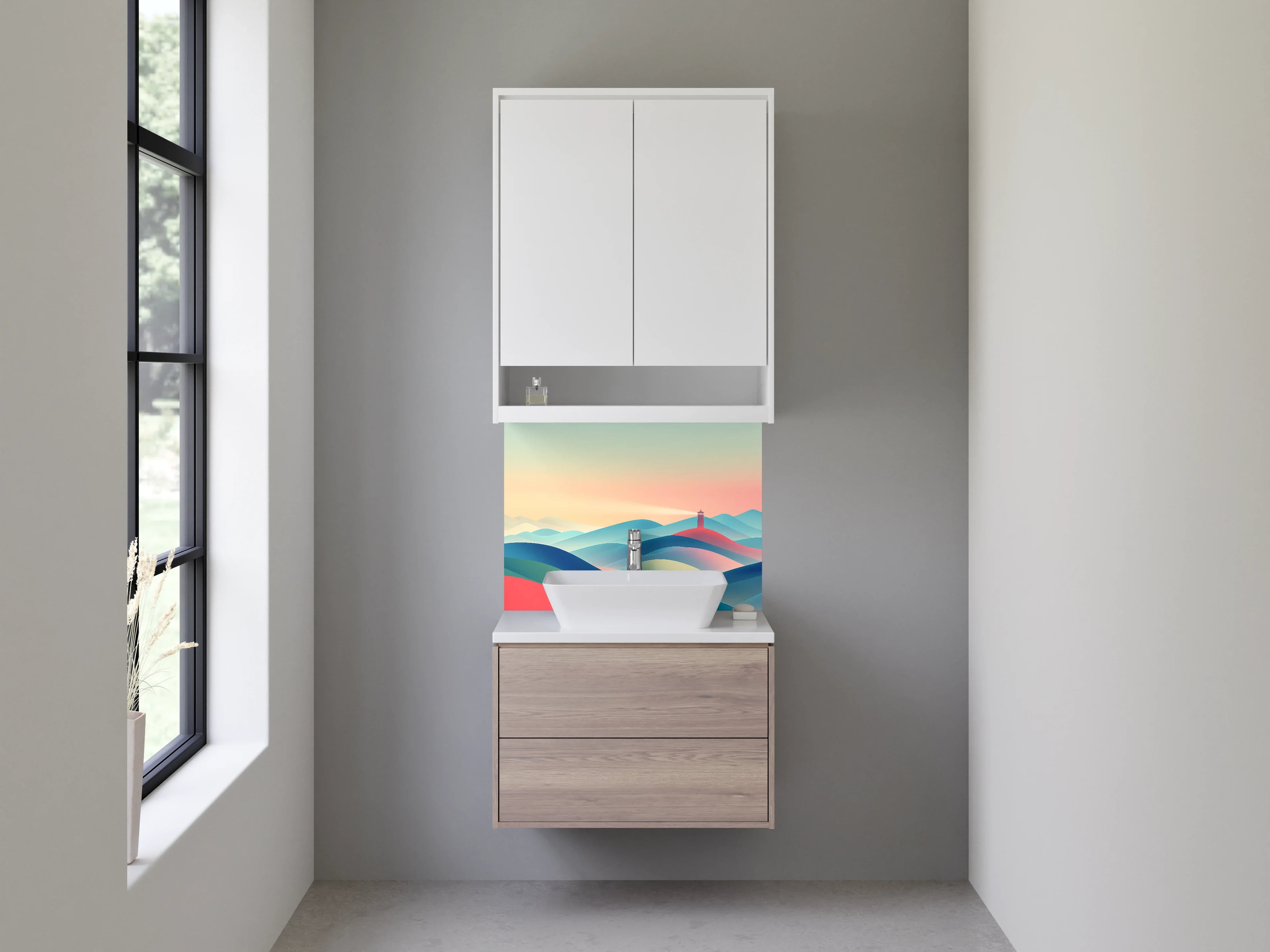 Waschbecken-Rückwand - Farbenfrohes Bergpanorama mit Leuchtturm