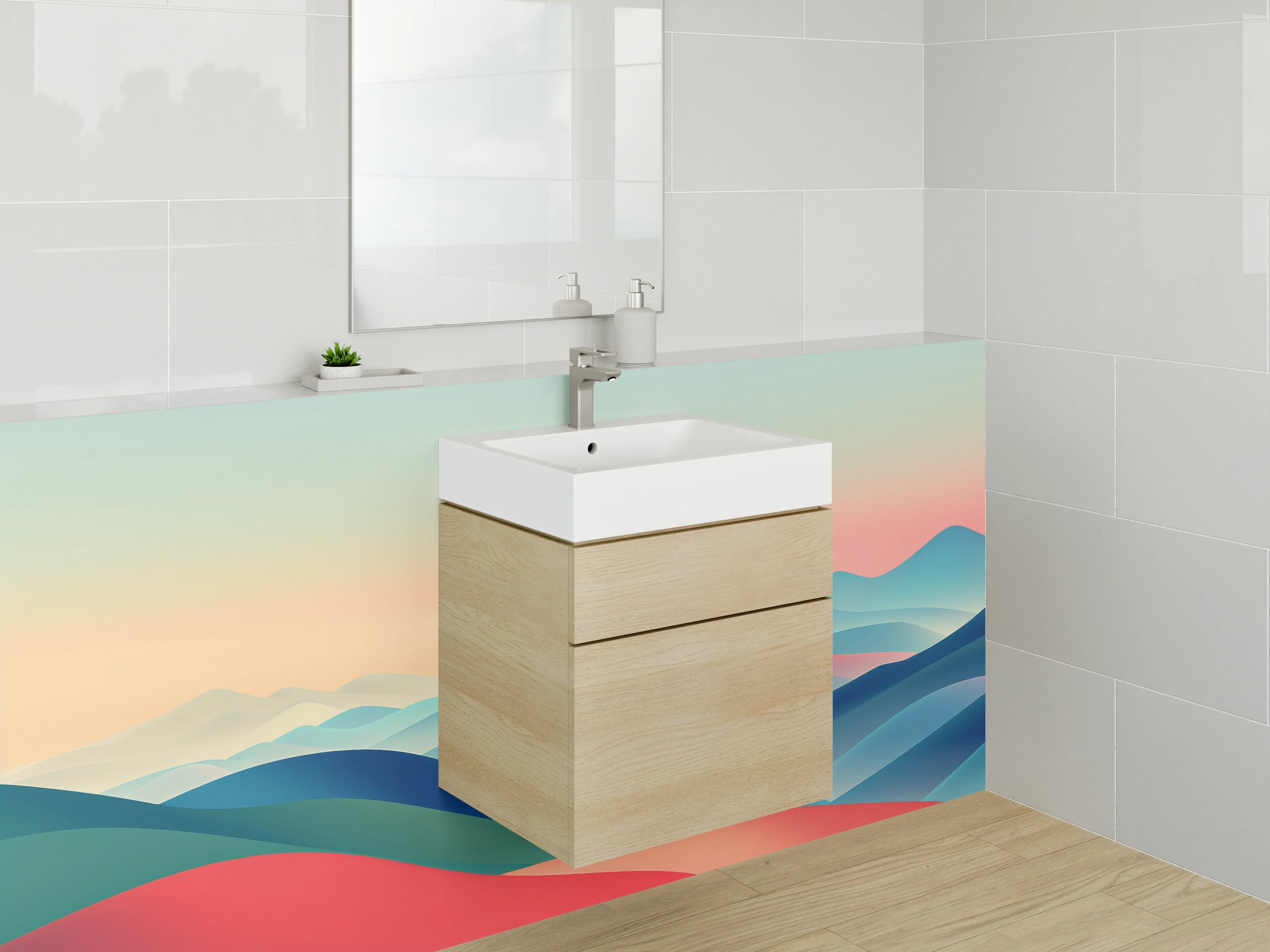 Waschbecken-Rückwand - Farbenfrohes Bergpanorama mit Leuchtturm